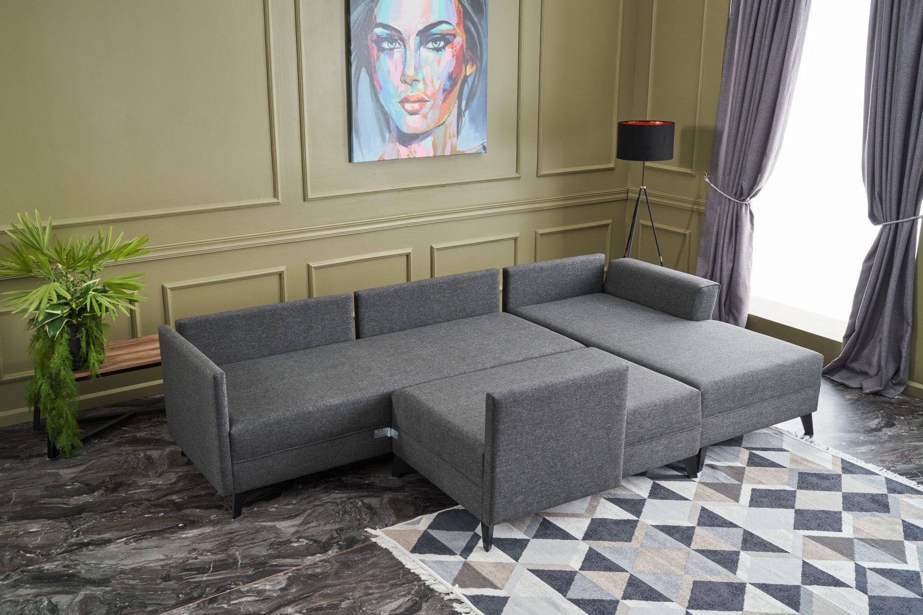 Sofá-cama de canto moderno, antracite, 300 cm | Estrutura de madeira de abeto, tecido 50% poliéster/linho | Fácil de limpar, espuma 28 DNS, perfeito para espaços industriais e escandinavos