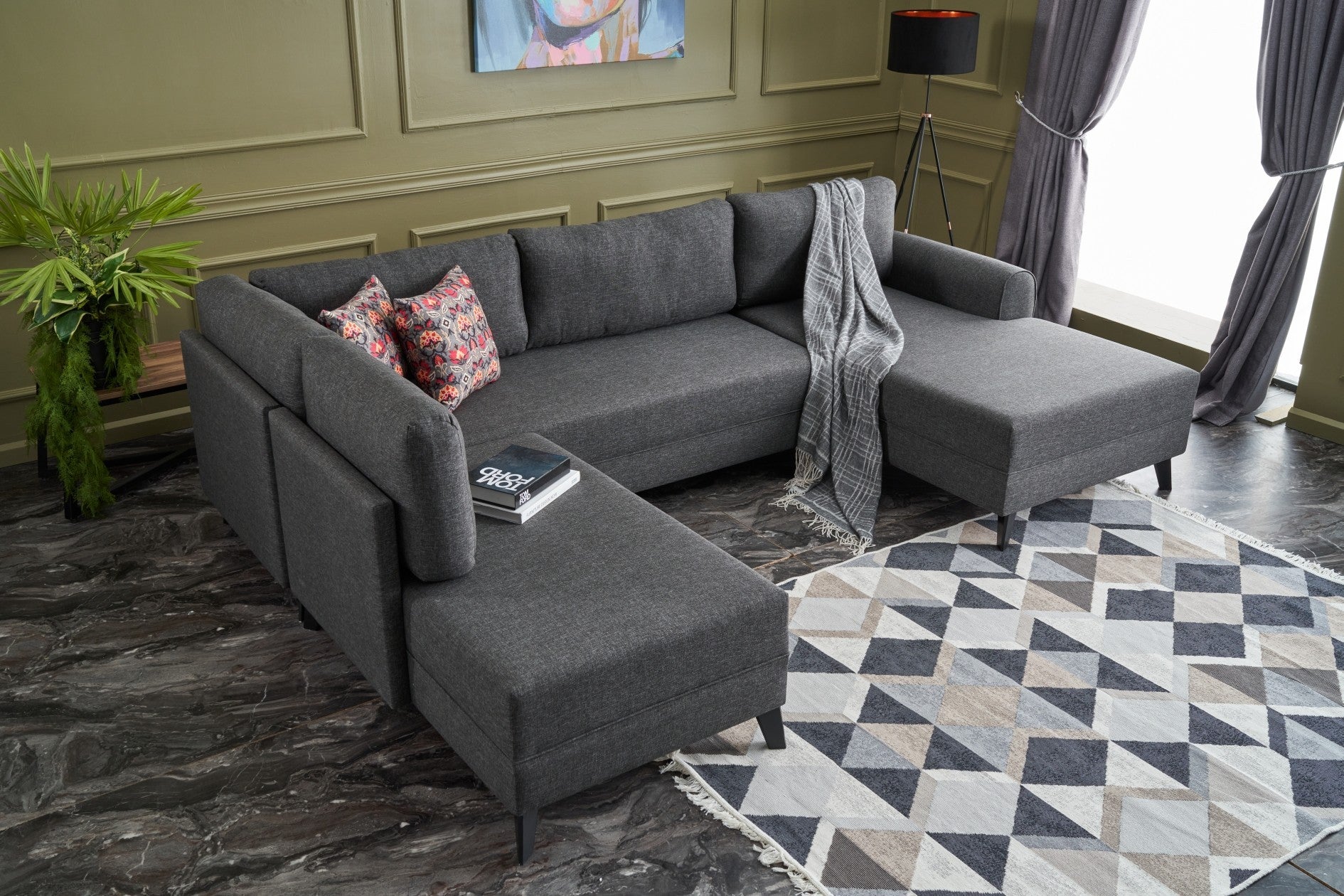 Sofá-cama de canto moderno, antracite, 300 cm | Estrutura de madeira de abeto, tecido 50% poliéster/linho | Fácil de limpar, espuma 28 DNS, perfeito para espaços industriais e escandinavos