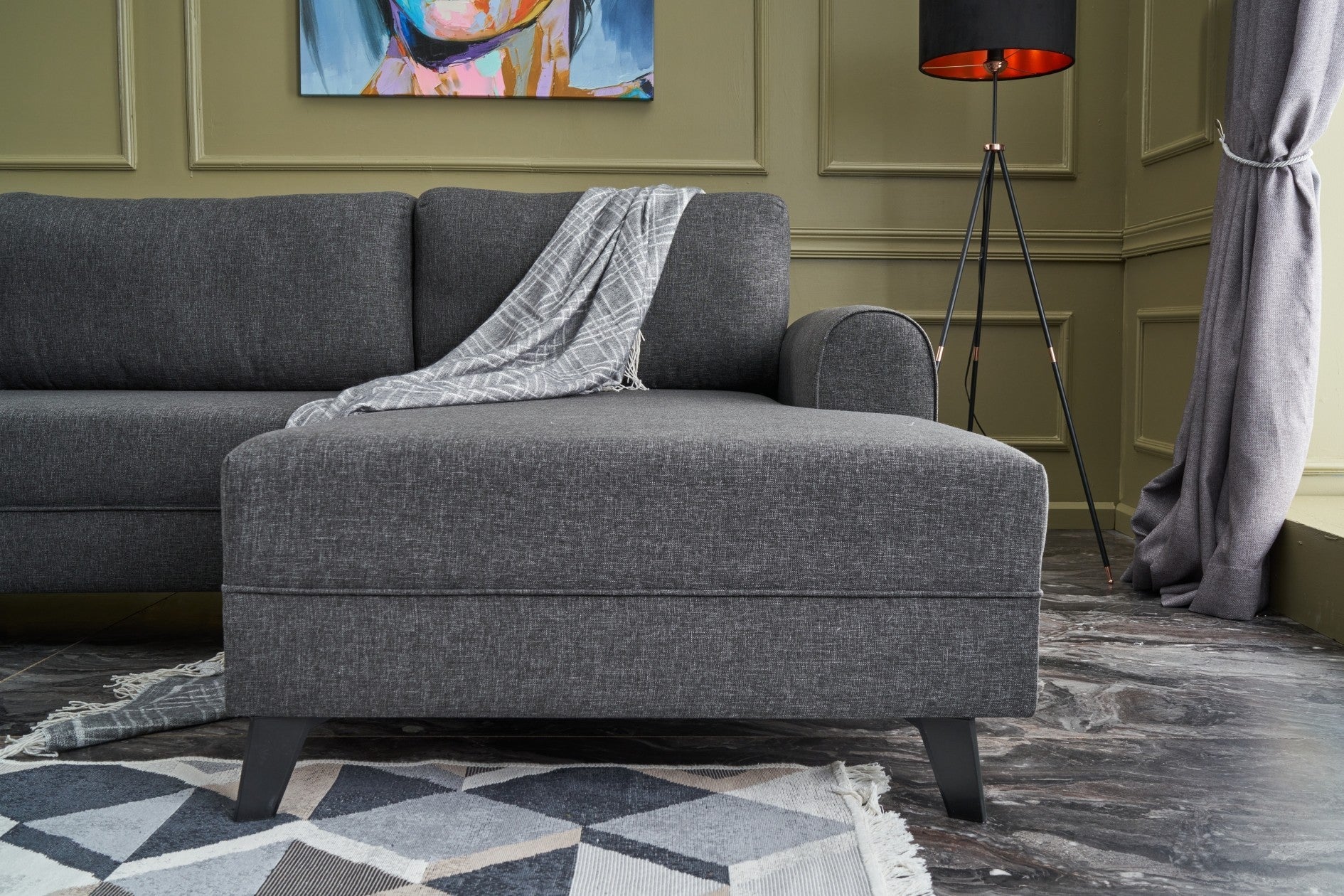Sofá-cama de canto moderno, antracite, 300 cm | Estrutura de madeira de abeto, tecido 50% poliéster/linho | Fácil de limpar, espuma 28 DNS, perfeito para espaços industriais e escandinavos