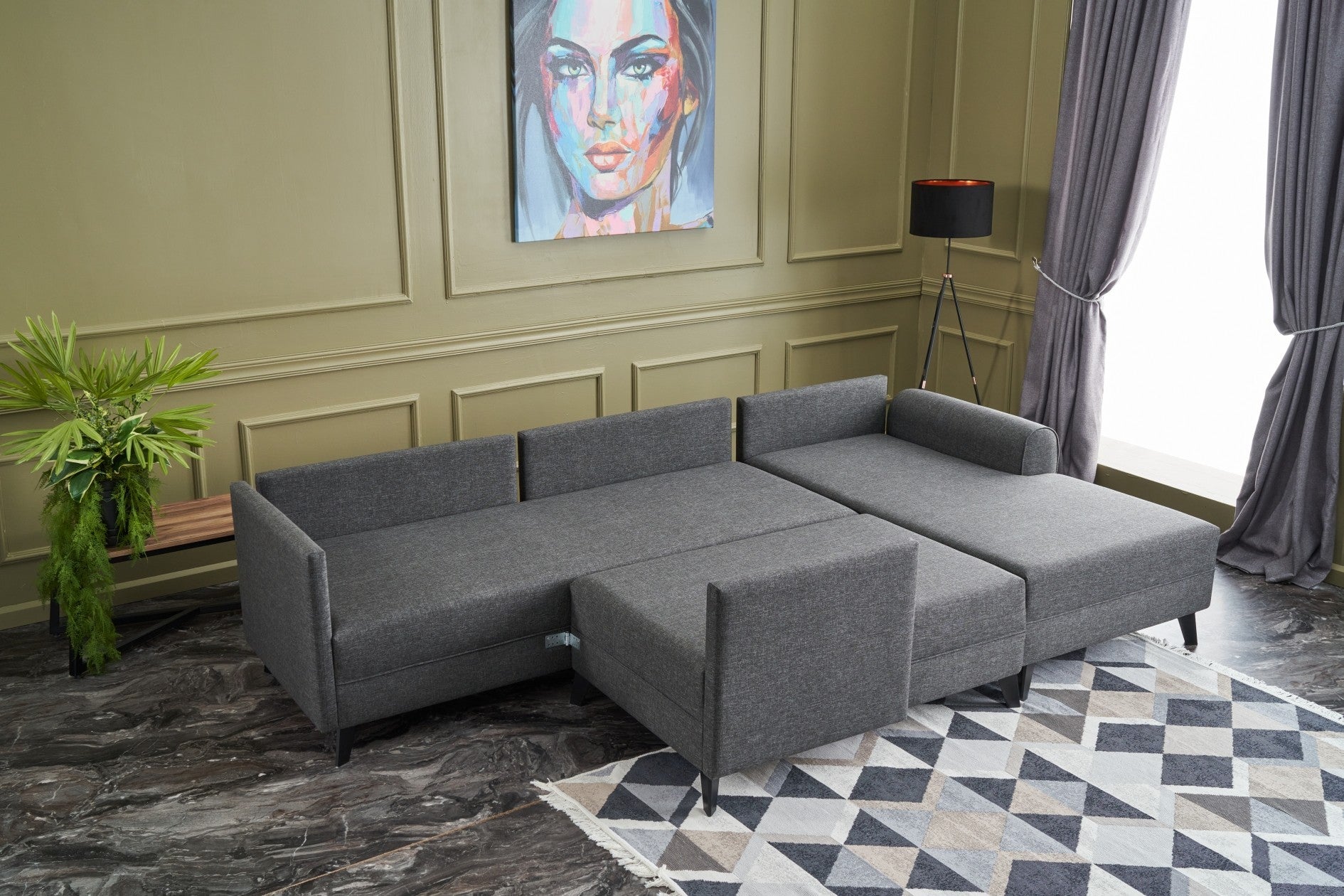 Sofá-cama de canto moderno, antracite, 300 cm | Estrutura de madeira de abeto, tecido 50% poliéster/linho | Fácil de limpar, espuma 28 DNS, perfeito para espaços industriais e escandinavos