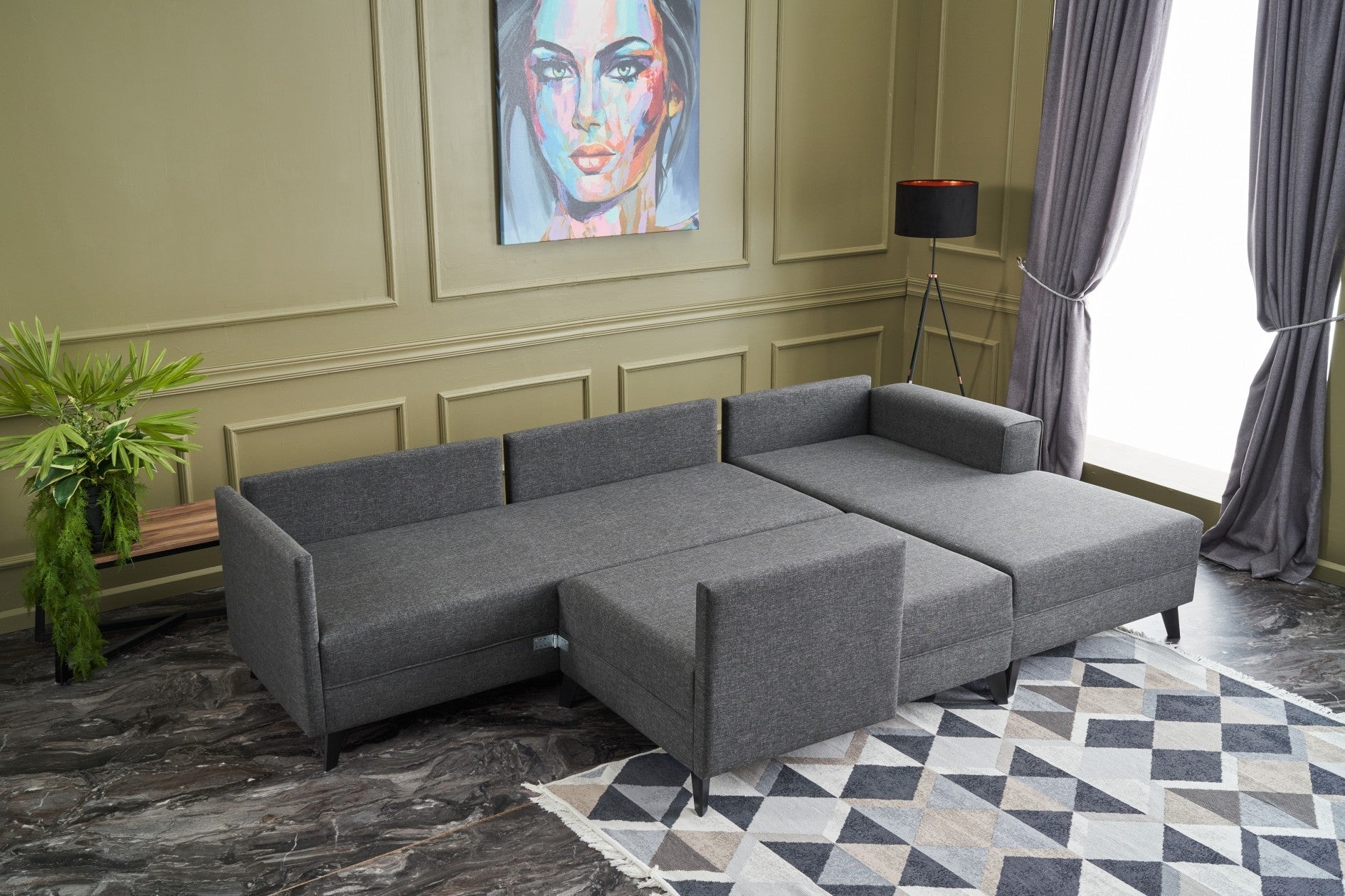 Sofá-cama de canto moderno, antracite, 300 cm | Estrutura de madeira de abeto, tecido 50% poliéster/linho | Fácil de limpar, espuma 28 DNS, perfeito para espaços industriais e escandinavos