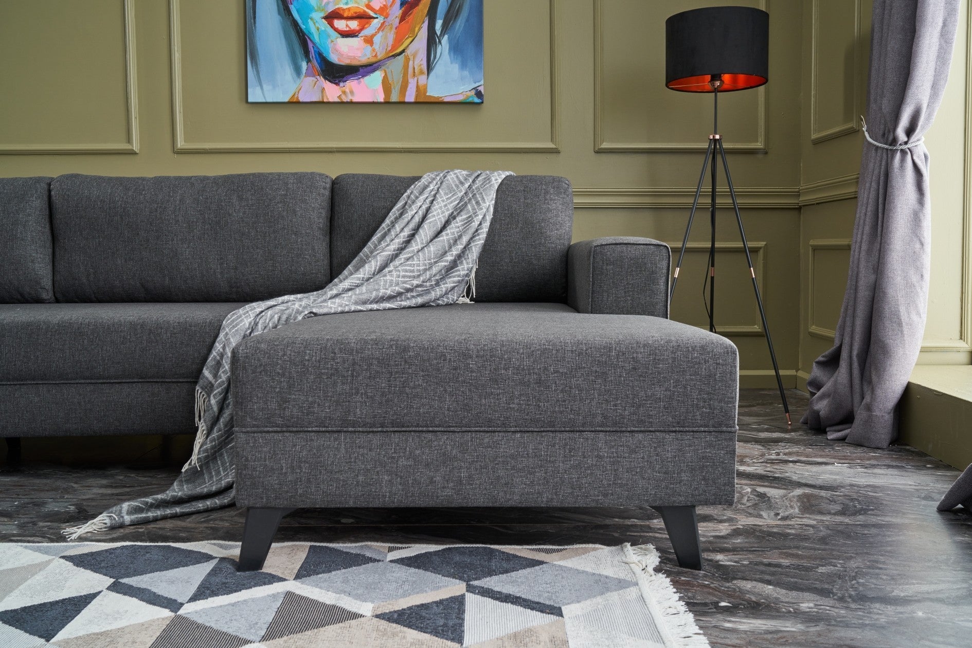 Sofá-cama de canto moderno, antracite, 300 cm | Estrutura de madeira de abeto, tecido 50% poliéster/linho | Fácil de limpar, espuma 28 DNS, perfeito para espaços industriais e escandinavos