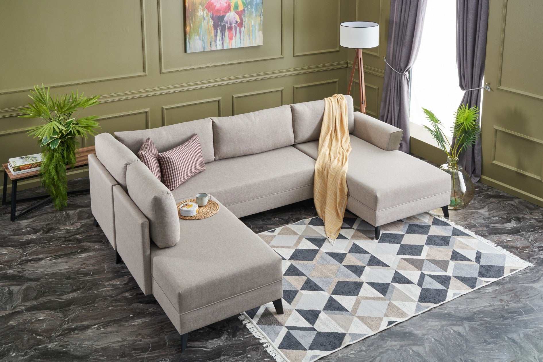 Sofá-cama de canto moderno, creme, 300 cm | Estrutura de madeira de abeto, 50% poliéster/linho, espuma 28 DNS, tecido fácil de limpar | Elegante e funcional para qualquer espaço