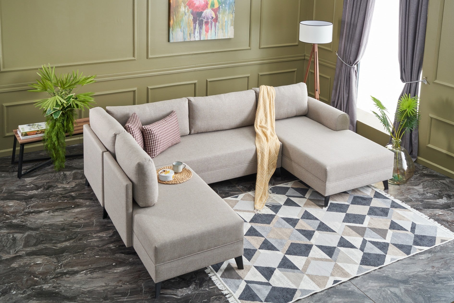 Sofá-cama de canto moderno, creme, 300 cm | Estrutura de madeira de abeto, 50% poliéster/linho, espuma 28 DNS, tecido fácil de limpar | Elegante e funcional para qualquer espaço