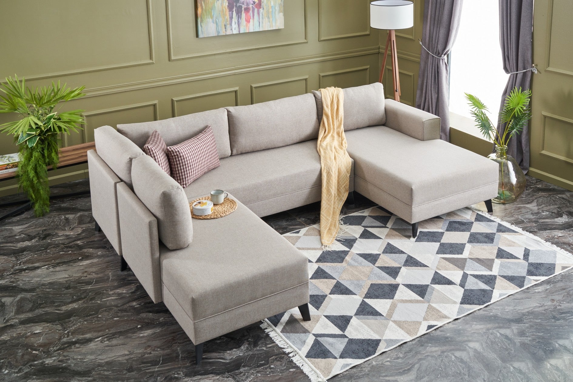 Sofá-cama de canto moderno, creme, 300 cm | Estrutura de madeira de abeto, 50% poliéster/linho, espuma 28 DNS, tecido fácil de limpar | Elegante e funcional para qualquer espaço