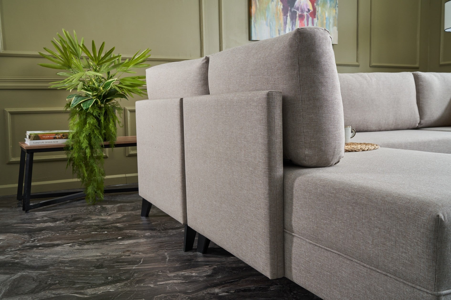 Sofá-cama de canto moderno, creme, 300 cm | Estrutura de madeira de abeto, 50% poliéster/linho, espuma 28 DNS, tecido fácil de limpar | Elegante e funcional para qualquer espaço