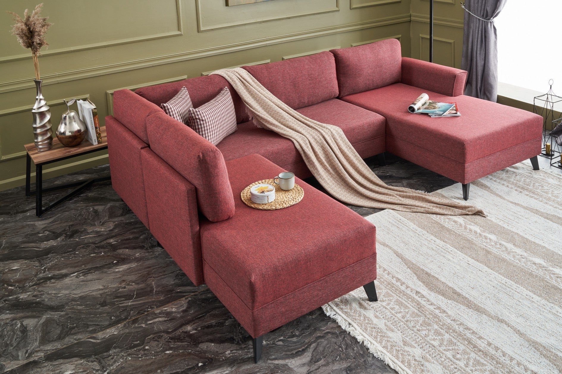 Sofá-cama de canto vermelho Claret, 300 cm | Estrutura de madeira FIR, tecido 50% poliéster/linho, fácil de limpar | Espuma 28 DNS, design industrial moderno, perfeito para espaços de convivência