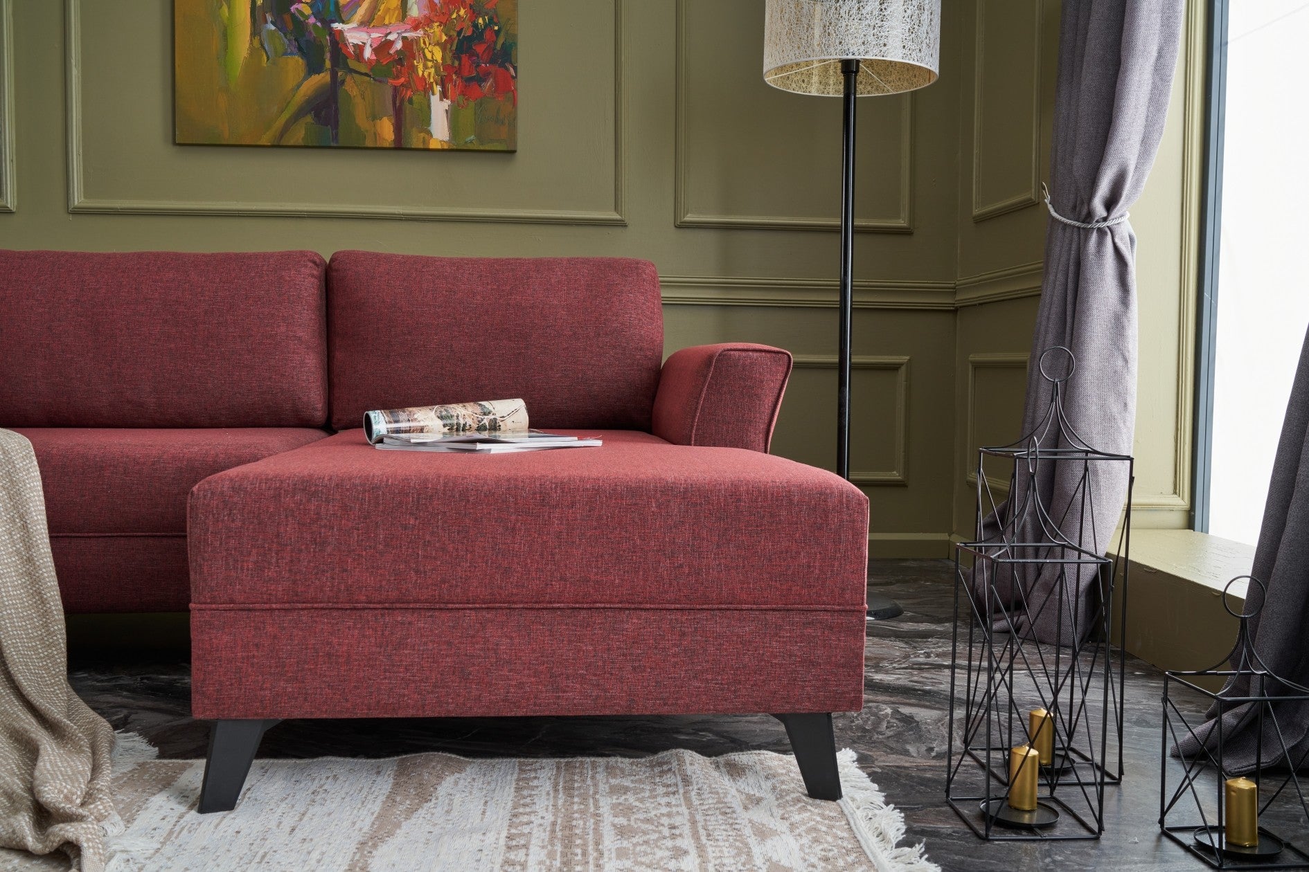 Sofá-cama de canto vermelho Claret, 300 cm | Estrutura de madeira FIR, tecido 50% poliéster/linho, fácil de limpar | Espuma 28 DNS, design industrial moderno, perfeito para espaços de convivência