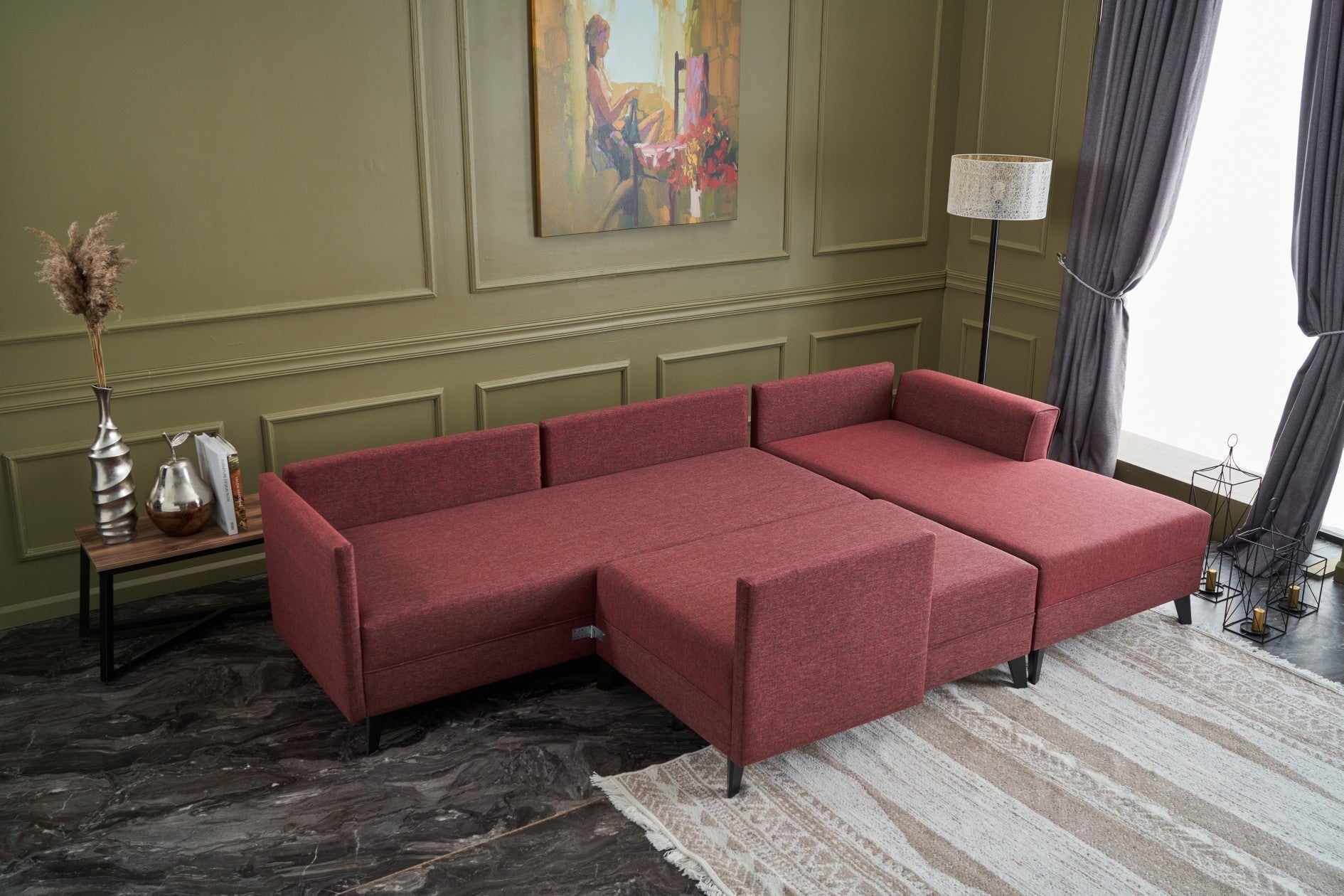 Sofá-cama de canto vermelho Claret, 300 cm | Estrutura de madeira FIR, tecido 50% poliéster/linho, fácil de limpar | Espuma 28 DNS, design industrial moderno, perfeito para espaços de convivência