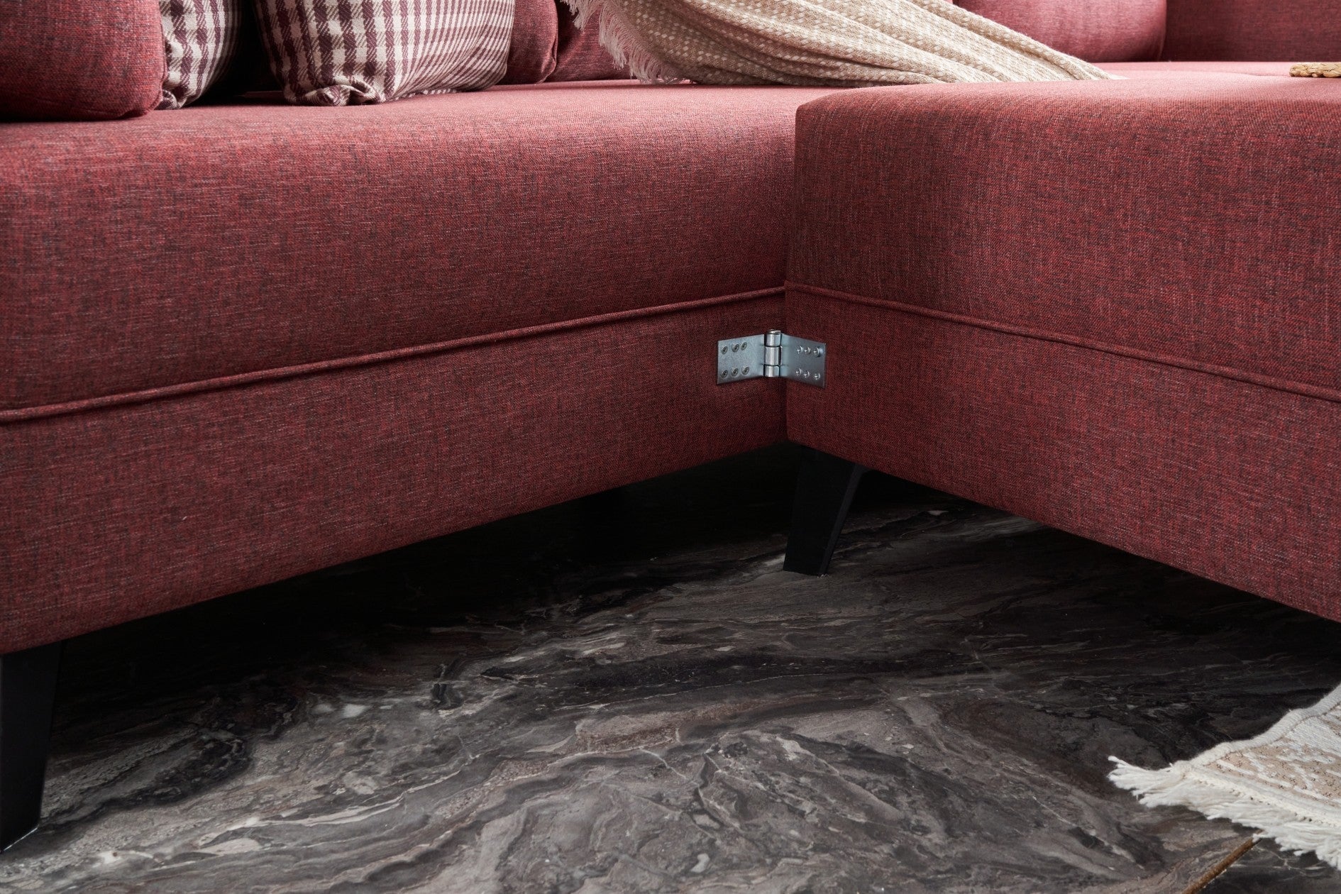 Sofá-cama de canto vermelho Claret, 300 cm | Estrutura de madeira FIR, tecido 50% poliéster/linho, fácil de limpar | Espuma 28 DNS, design industrial moderno, perfeito para espaços de convivência