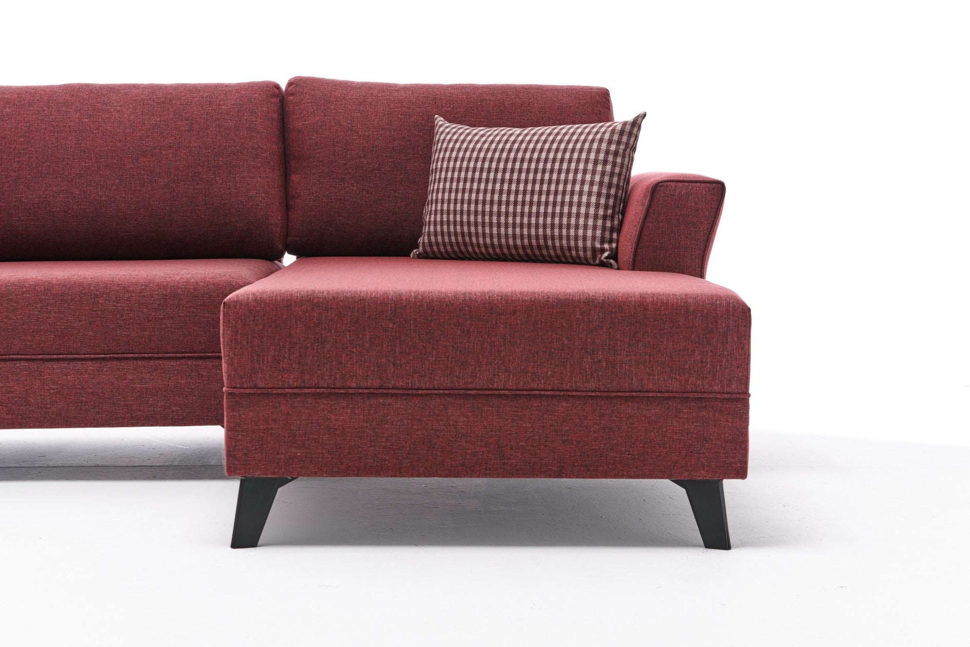 Sofá-cama de canto vermelho Claret, 300 cm | Estrutura de madeira FIR, tecido 50% poliéster/linho, fácil de limpar | Espuma 28 DNS, design industrial moderno, perfeito para espaços de convivência