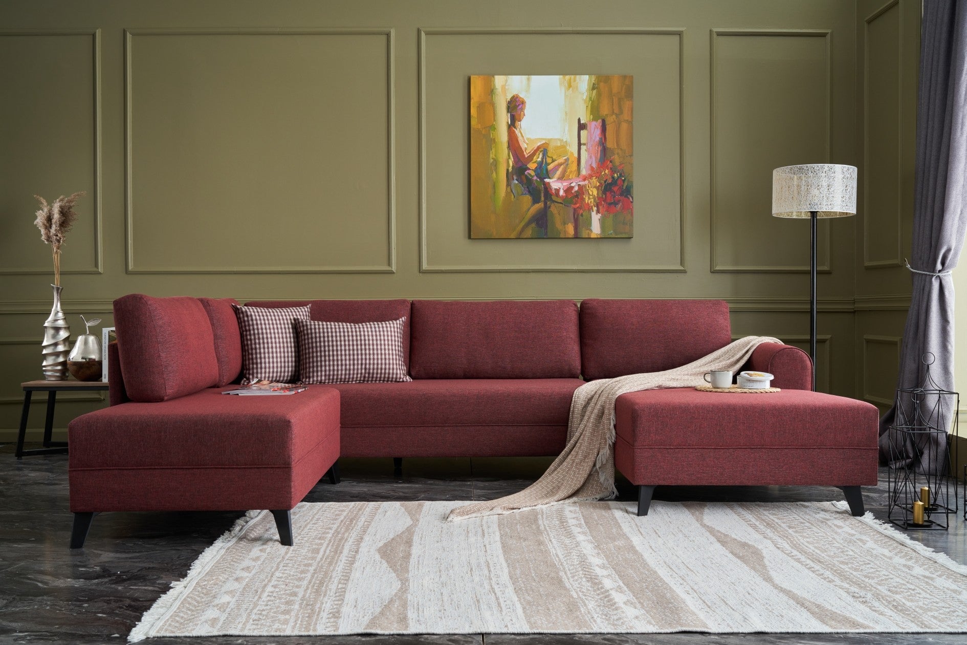 Sofá-cama de canto vermelho Claret, 300 cm | Estrutura de madeira FIR, tecido 50% poliéster/linho | Fácil de limpar, espuma 28 DNS, design industrial moderno, perfeito para espaços de convivência