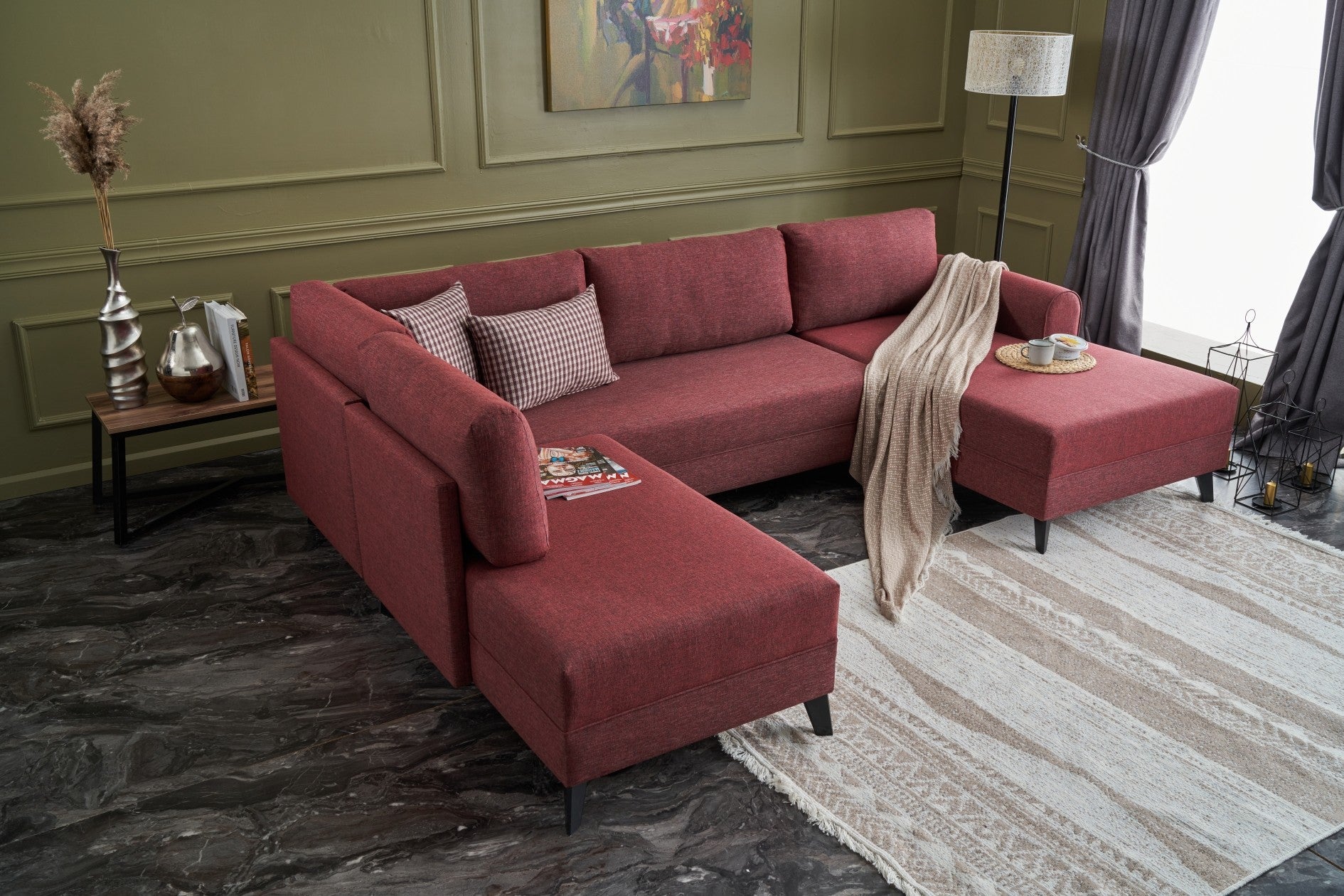 Sofá-cama de canto vermelho Claret, 300 cm | Estrutura de madeira FIR, tecido 50% poliéster/linho | Fácil de limpar, espuma 28 DNS, design industrial moderno, perfeito para espaços de convivência