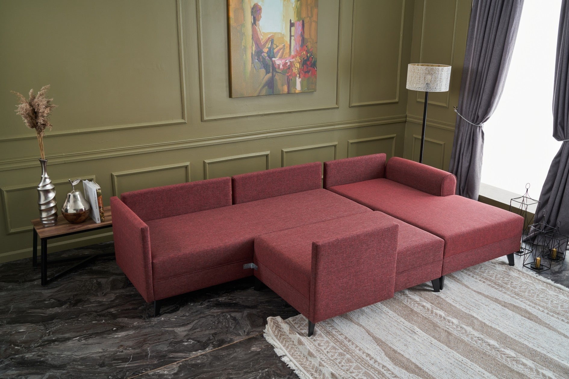Sofá-cama de canto vermelho Claret, 300 cm | Estrutura de madeira FIR, tecido 50% poliéster/linho | Fácil de limpar, espuma 28 DNS, design industrial moderno, perfeito para espaços de convivência