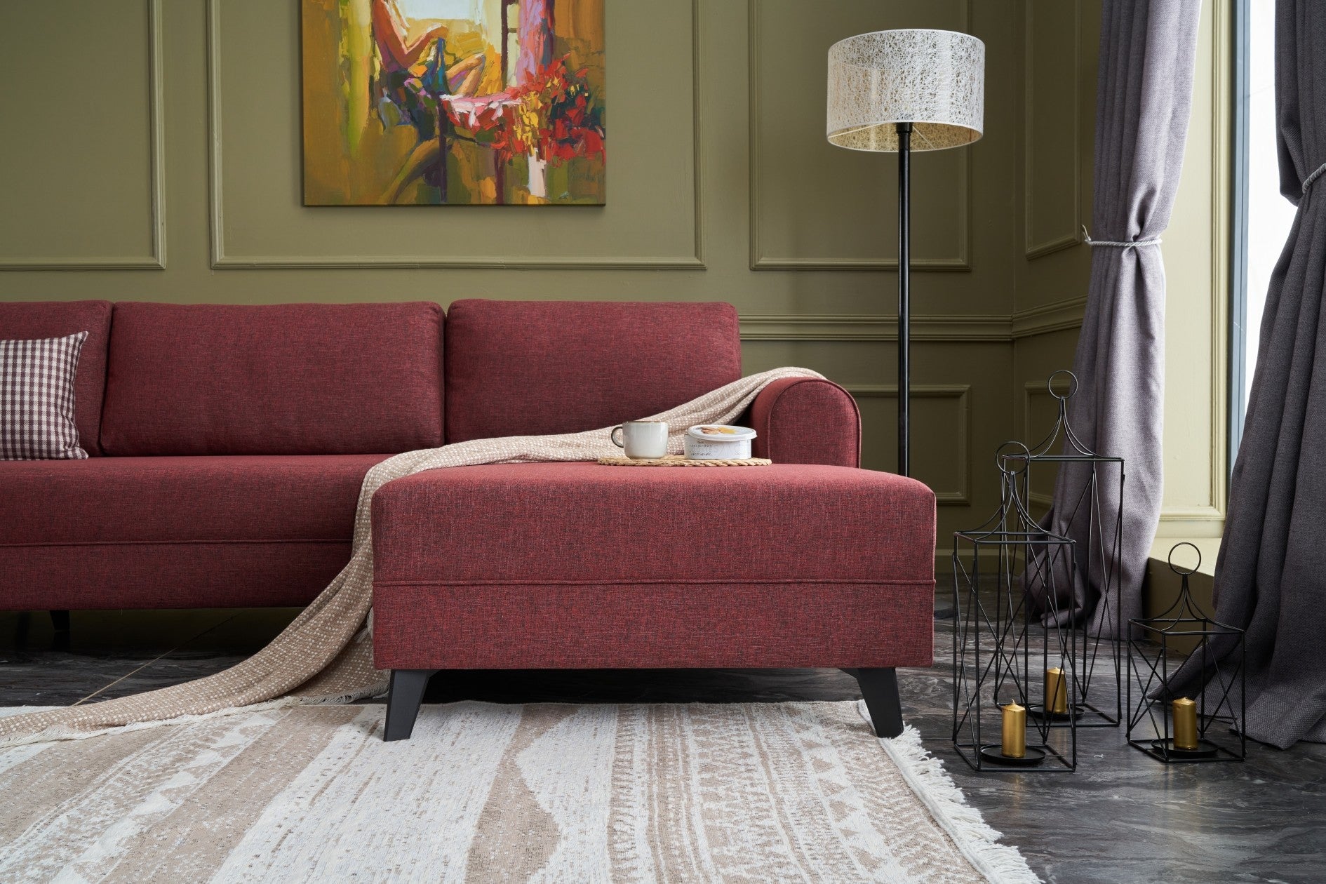 Sofá-cama de canto vermelho Claret, 300 cm | Estrutura de madeira FIR, tecido 50% poliéster/linho | Fácil de limpar, espuma 28 DNS, design industrial moderno, perfeito para espaços de convivência