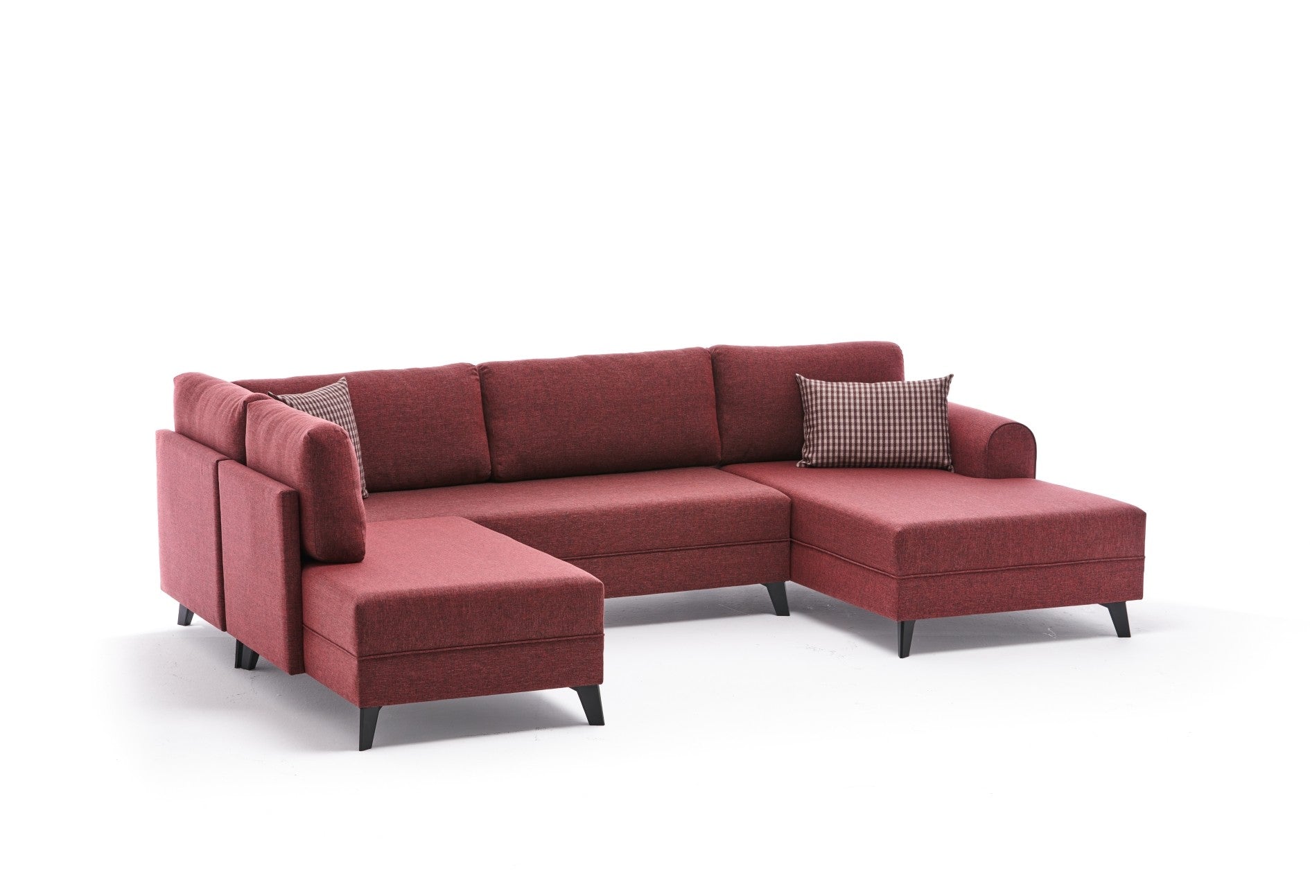 Sofá-cama de canto vermelho Claret, 300 cm | Estrutura de madeira FIR, tecido 50% poliéster/linho | Fácil de limpar, espuma 28 DNS, design industrial moderno, perfeito para espaços de convivência