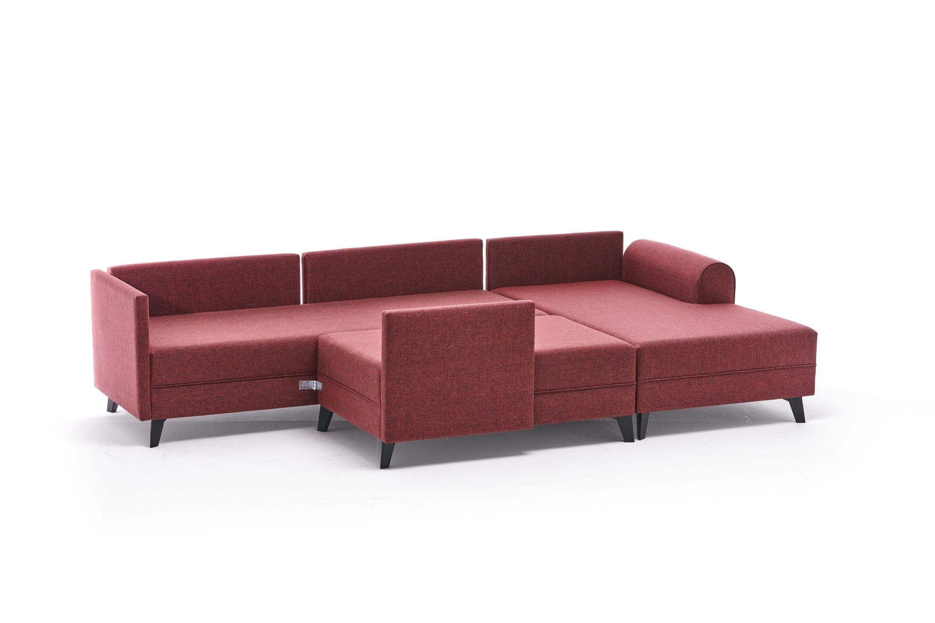 Sofá-cama de canto vermelho Claret, 300 cm | Estrutura de madeira FIR, tecido 50% poliéster/linho | Fácil de limpar, espuma 28 DNS, design industrial moderno, perfeito para espaços de convivência