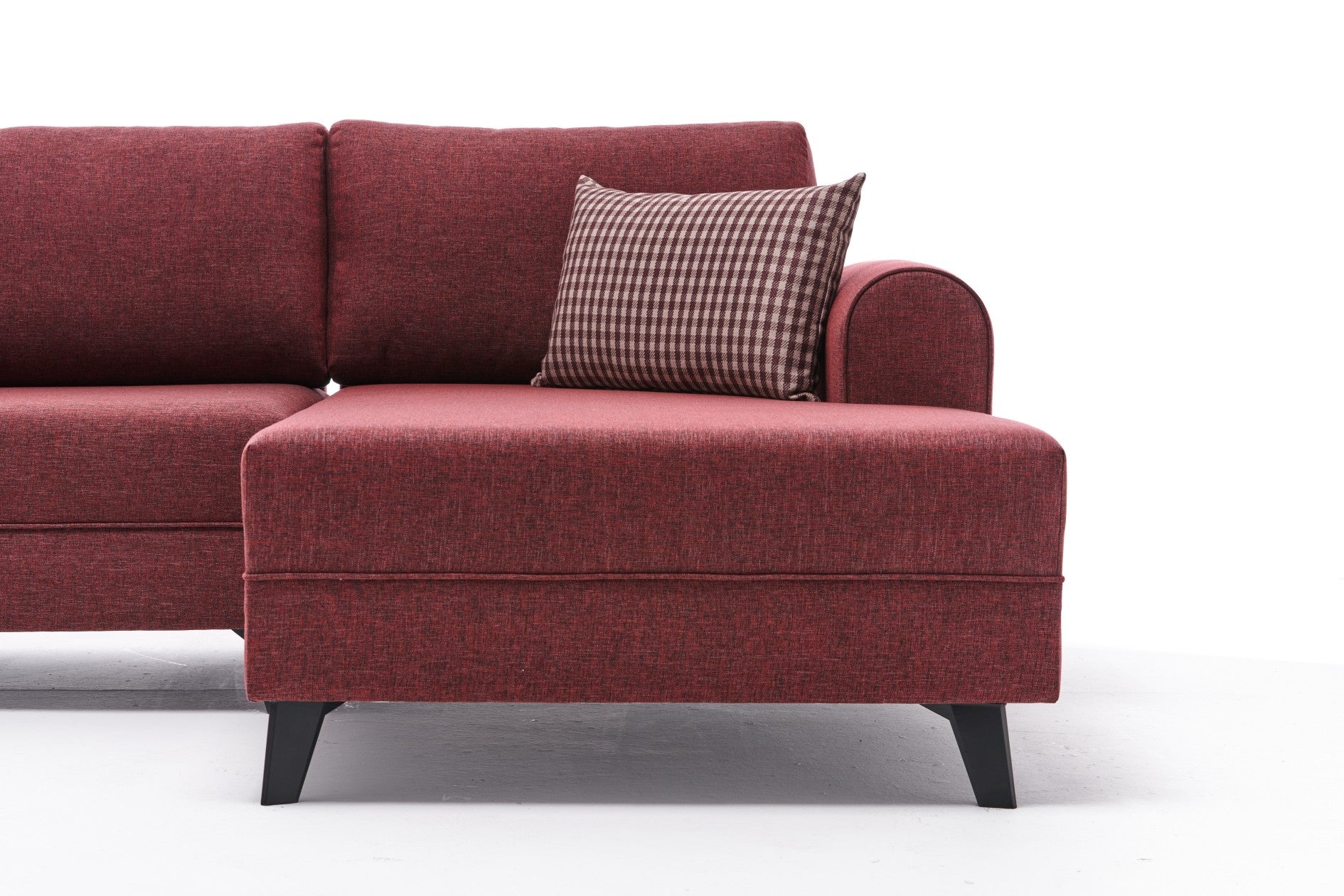 Sofá-cama de canto vermelho Claret, 300 cm | Estrutura de madeira FIR, tecido 50% poliéster/linho | Fácil de limpar, espuma 28 DNS, design industrial moderno, perfeito para espaços de convivência