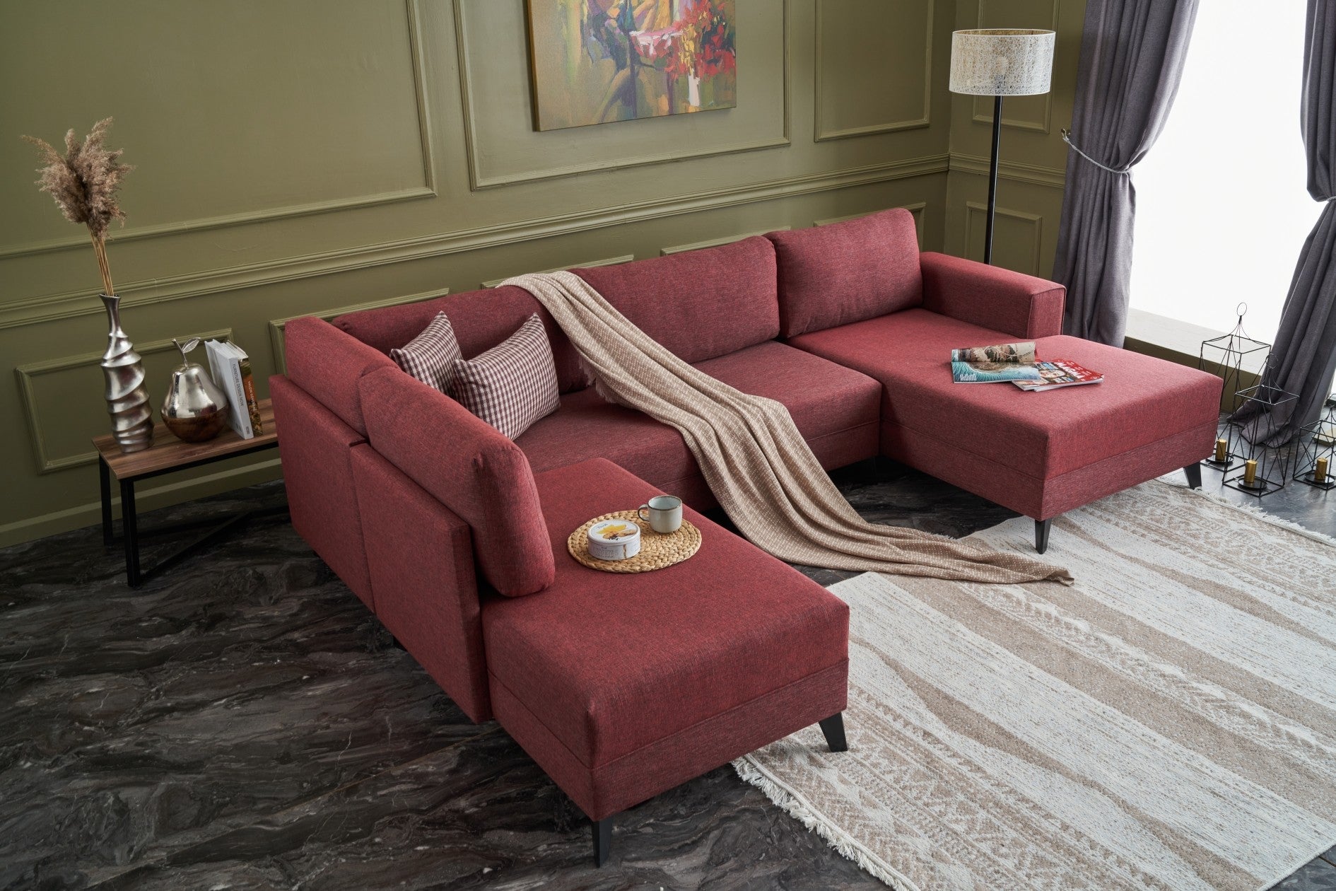 Sofá-cama de canto vermelho Claret, 300 cm | Estrutura de madeira FIR, tecido 50% poliéster/linho, fácil de limpar | Espuma 28 DNS, design industrial moderno, perfeito para espaços de convivência