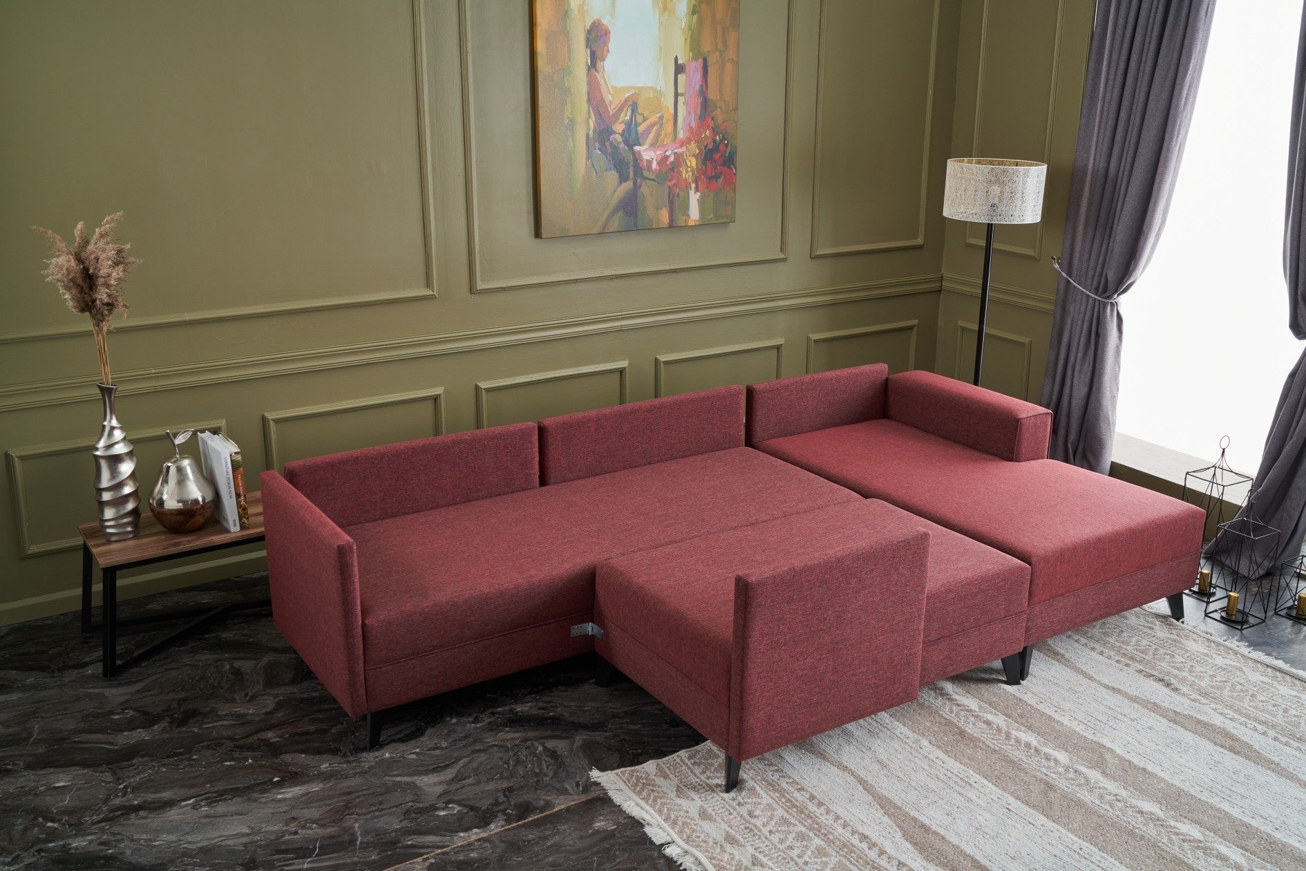 Sofá-cama de canto vermelho Claret, 300 cm | Estrutura de madeira FIR, tecido 50% poliéster/linho, fácil de limpar | Espuma 28 DNS, design industrial moderno, perfeito para espaços de convivência