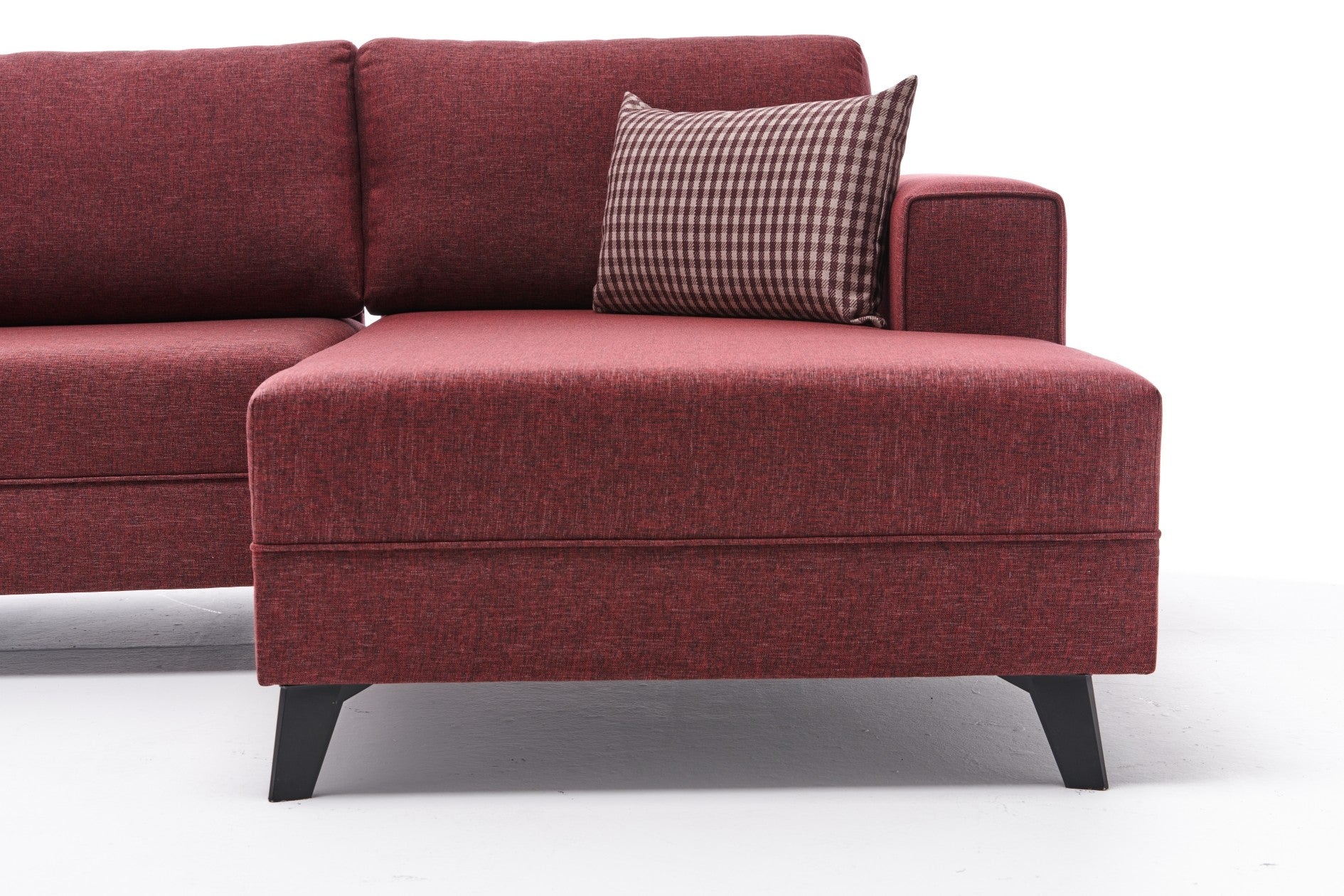 Sofá-cama de canto vermelho Claret, 300 cm | Estrutura de madeira FIR, tecido 50% poliéster/linho, fácil de limpar | Espuma 28 DNS, design industrial moderno, perfeito para espaços de convivência