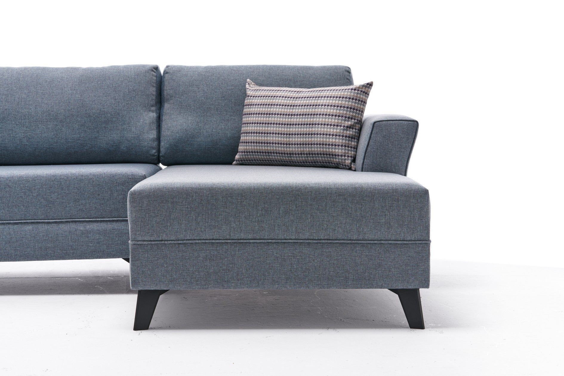 Sofá-cama de canto moderno, tecido azul, 300 cm | Estrutura de madeira de abeto, espuma 28 DNS, fácil de limpar | Perfeito para espaços industriais e escandinavos