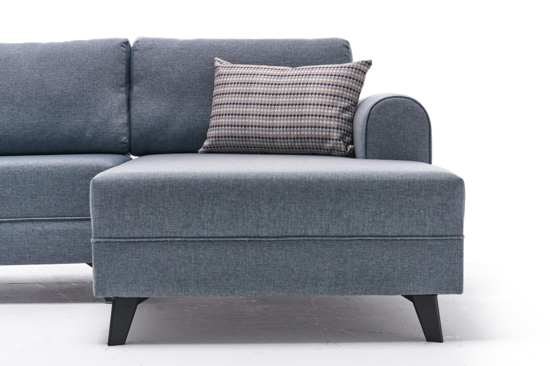 Sofá-cama de canto moderno, tecido azul, 300 cm | Estrutura de madeira de abeto, espuma 28 DNS, fácil de limpar | Perfeito para espaços industriais e escandinavos