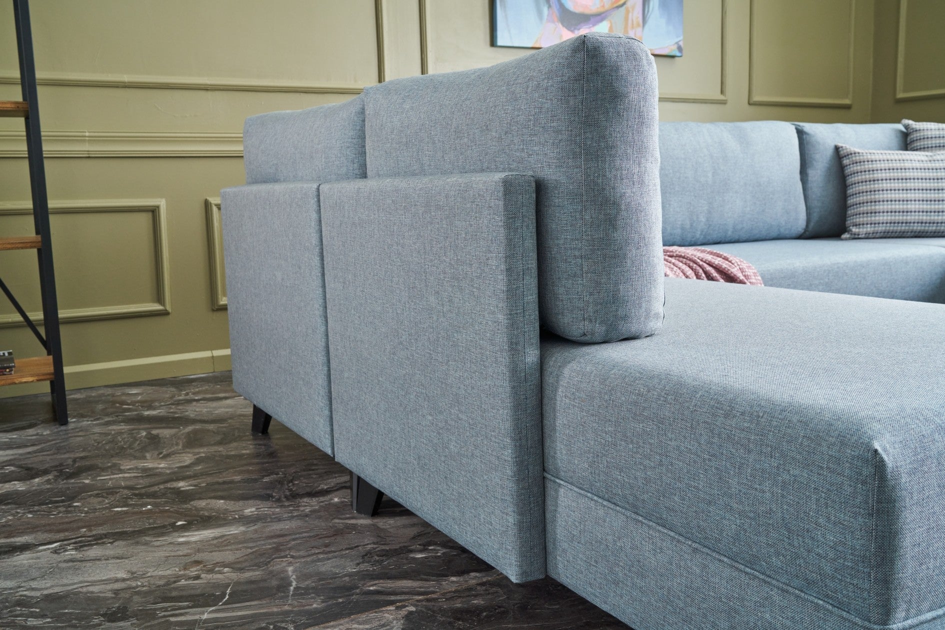 Sofá-cama de canto moderno, tecido azul, 300 cm | Estrutura de madeira de abeto, espuma 28 DNS, fácil de limpar | Perfeito para espaços industriais e escandinavos