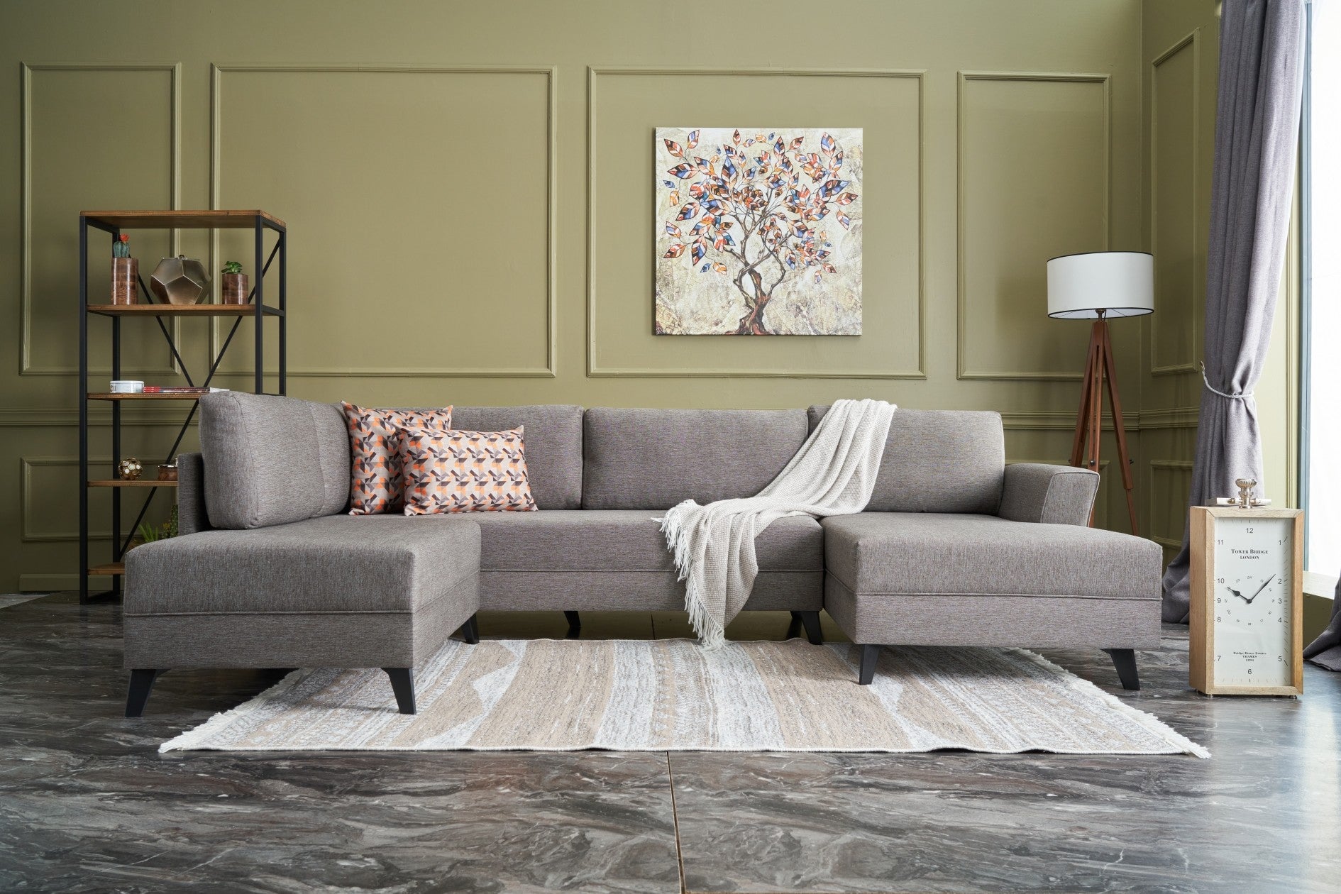 Sofá-cama de canto moderno, marrom, 300 cm | Estrutura de madeira de abeto, tecido 50% poliéster/linho | Fácil de limpar, espuma 28 DNS, perfeito para espaços industriais e escandinavos