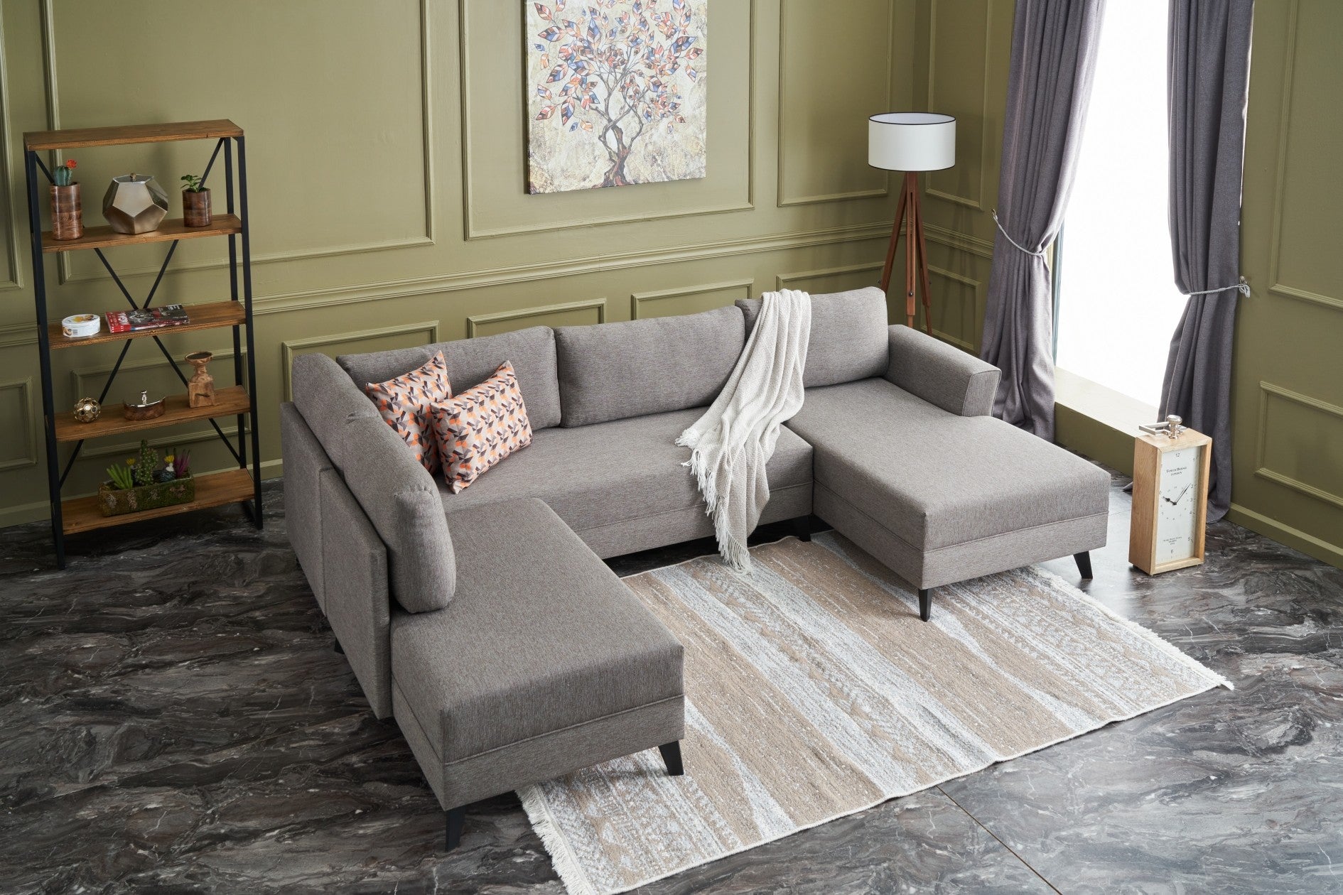 Sofá-cama de canto moderno, marrom, 300 cm | Estrutura de madeira de abeto, tecido 50% poliéster/linho | Fácil de limpar, espuma 28 DNS, perfeito para espaços industriais e escandinavos