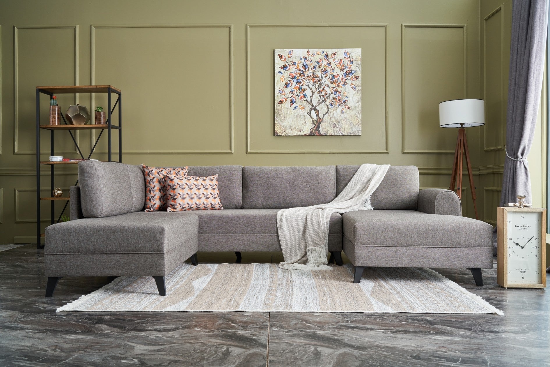 Sofá-cama de canto moderno, marrom, 300 cm | Estrutura de madeira de abeto, tecido 50% poliéster/linho | Fácil de limpar, espuma 28 DNS, perfeito para espaços industriais e escandinavos