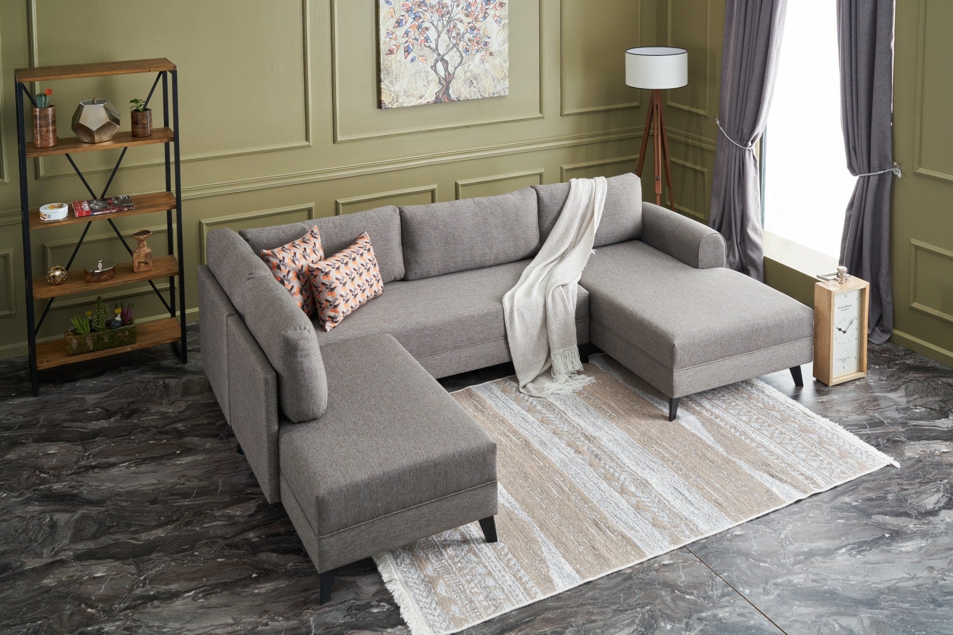 Sofá-cama de canto moderno, marrom, 300 cm | Estrutura de madeira de abeto, tecido 50% poliéster/linho | Fácil de limpar, espuma 28 DNS, perfeito para espaços industriais e escandinavos