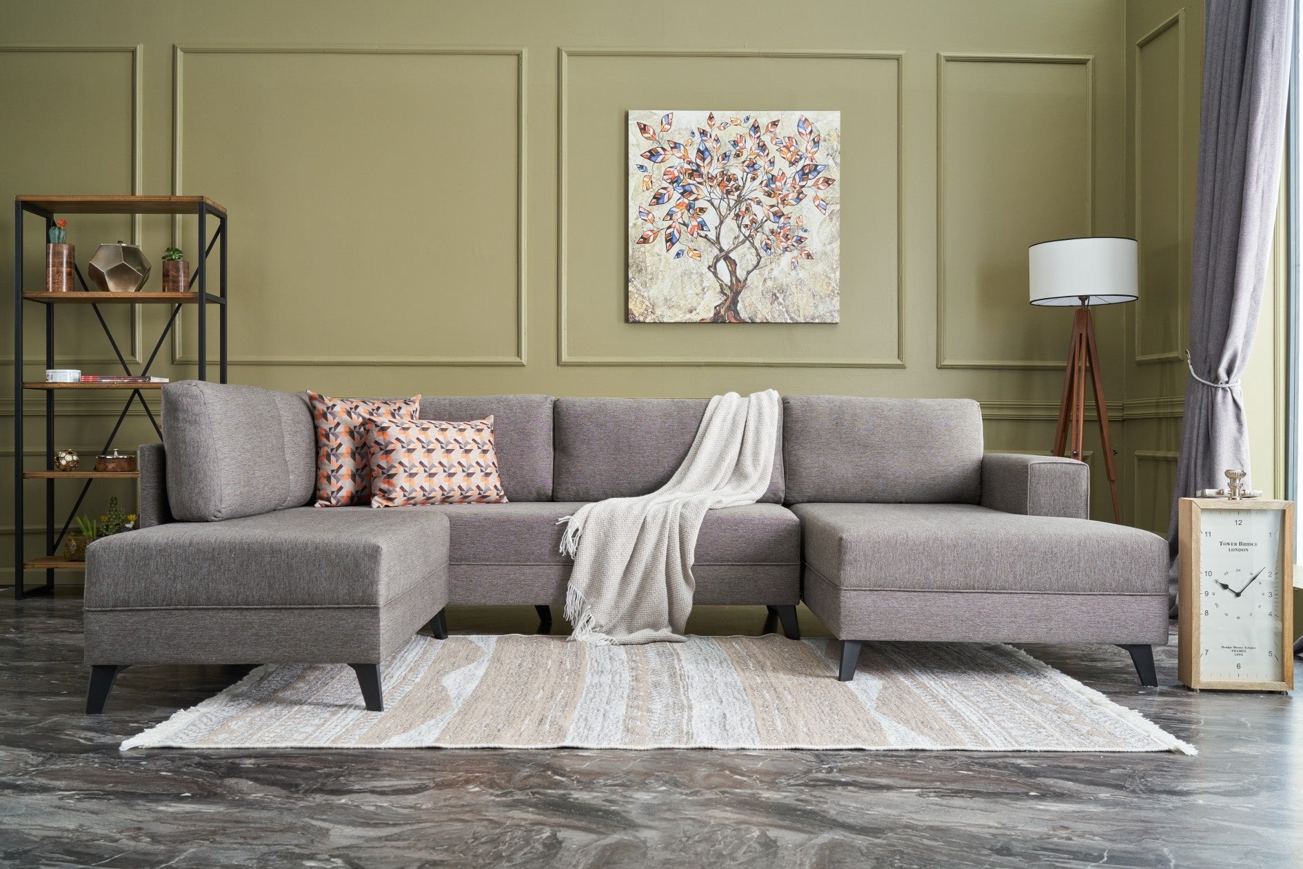 Sofá-cama de canto moderno, marrom, 300 cm | Estrutura de madeira de abeto, tecido 50% poliéster/linho | Fácil de limpar, espuma 28 DNS, perfeito para espaços industriais e escandinavos