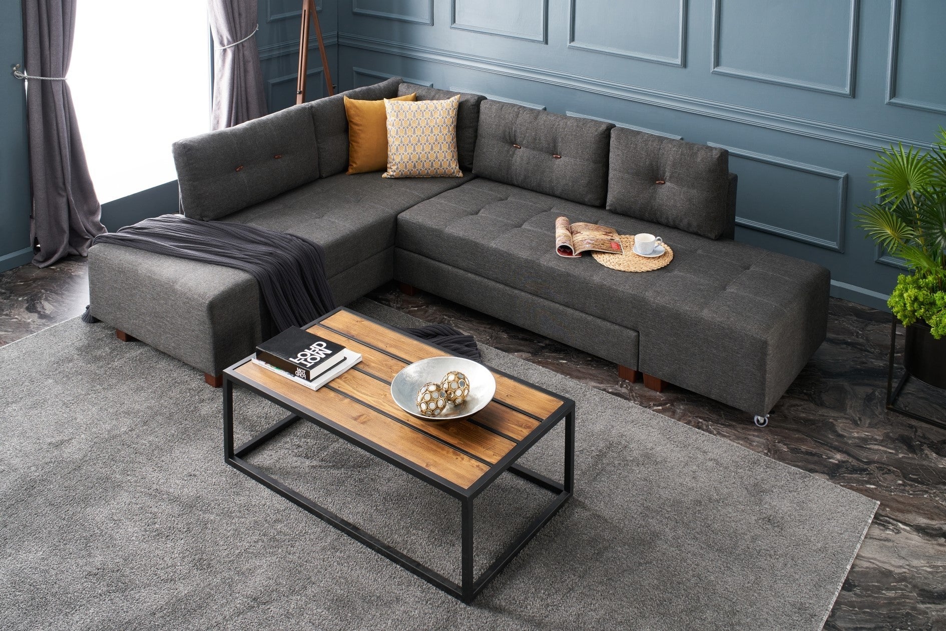 Sofá-cama de canto moderno, antracite, 280 cm | 100% poliéster, espuma 32 DNS, fácil de limpar | Design escandinavo elegante, perfeito para salas de estar