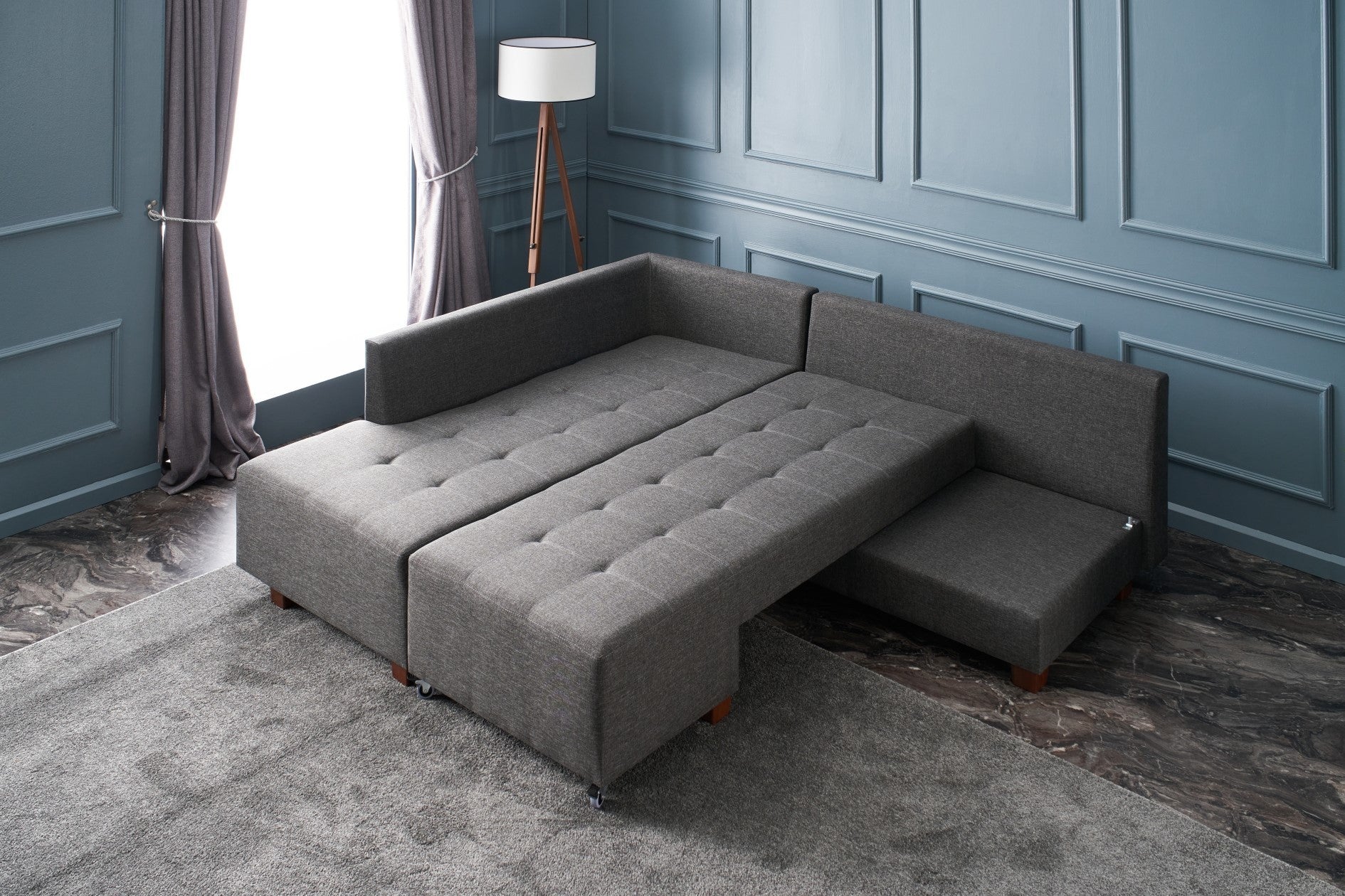 Sofá-cama de canto moderno, antracite, 280 cm | 100% poliéster, espuma 32 DNS, fácil de limpar | Design escandinavo elegante, perfeito para salas de estar