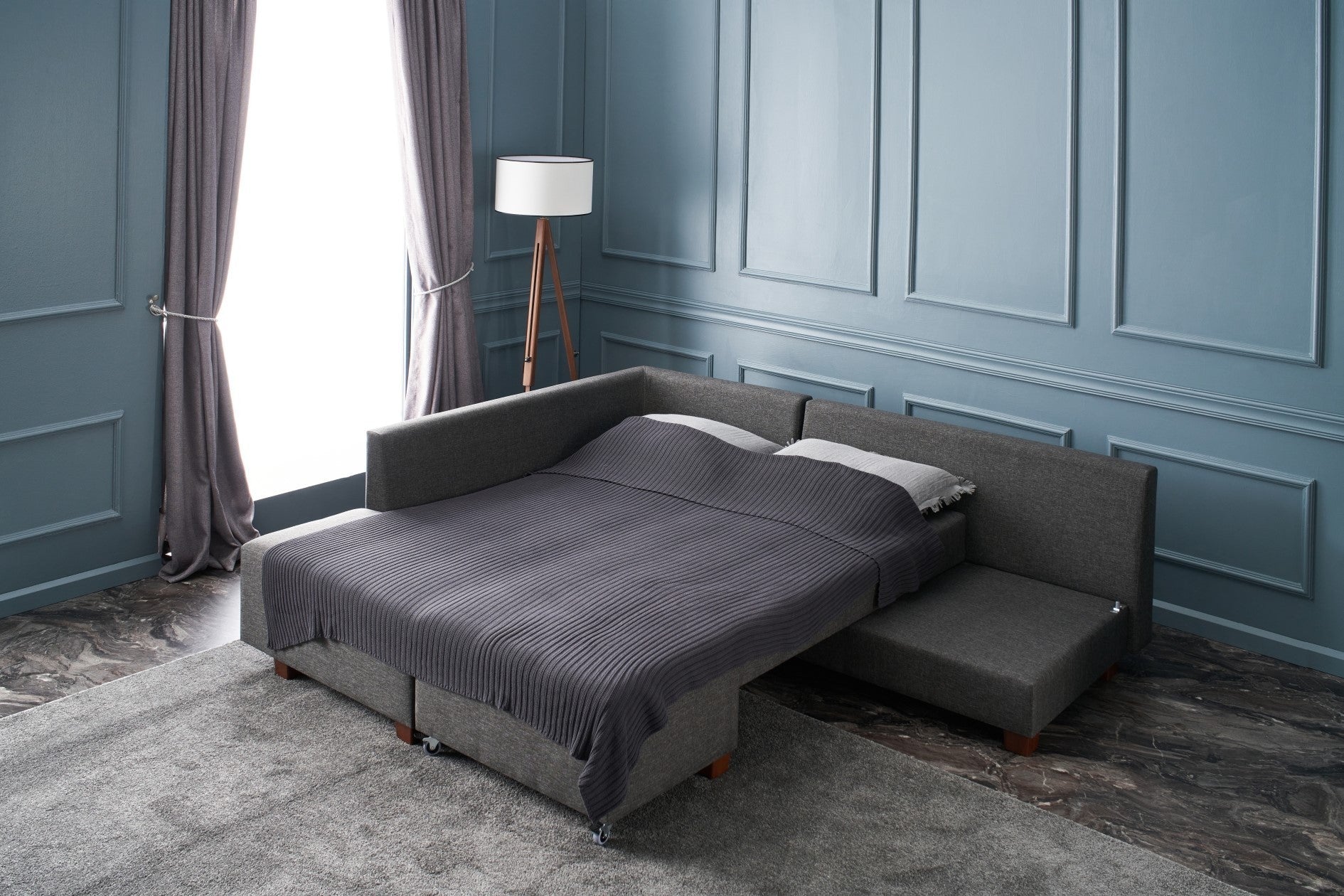 Sofá-cama de canto moderno, antracite, 280 cm | 100% poliéster, espuma 32 DNS, fácil de limpar | Design escandinavo elegante, perfeito para salas de estar