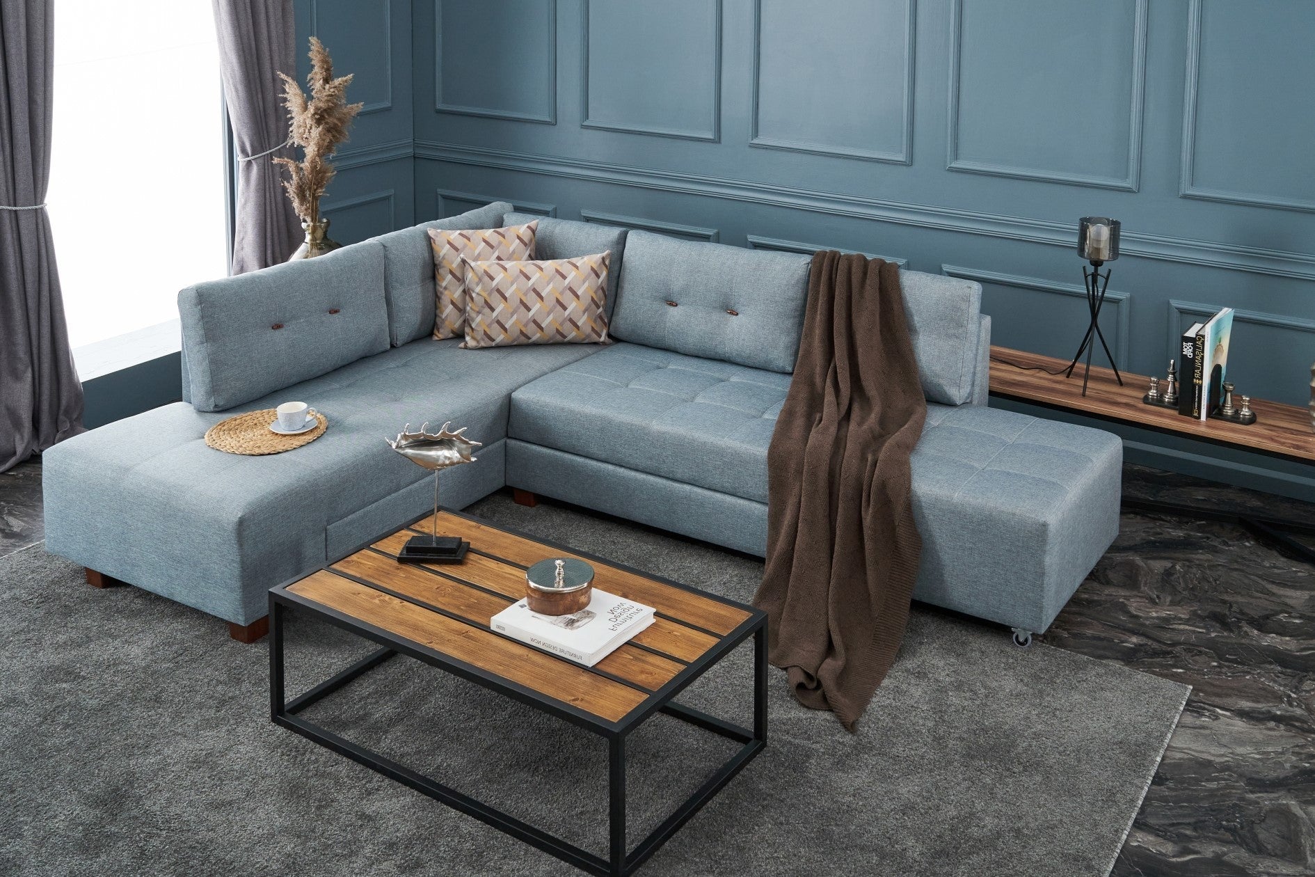 Sofá-cama de canto moderno, azul claro, 280 cm | 100% poliéster, espuma 32 DNS, fácil de limpar | Design escandinavo elegante, perfeito para salas de estar