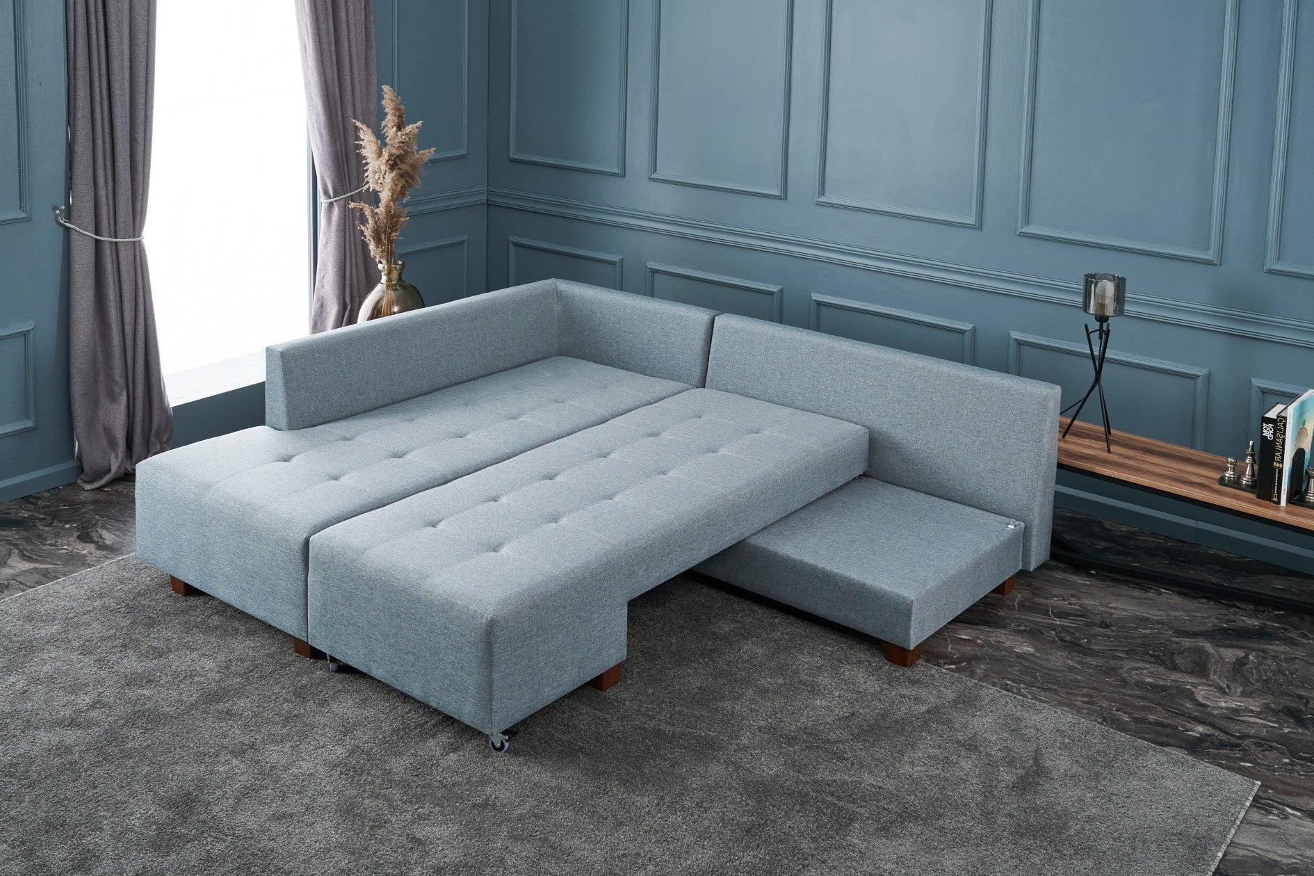 Sofá-cama de canto moderno, azul claro, 280 cm | 100% poliéster, espuma 32 DNS, fácil de limpar | Design escandinavo elegante, perfeito para salas de estar