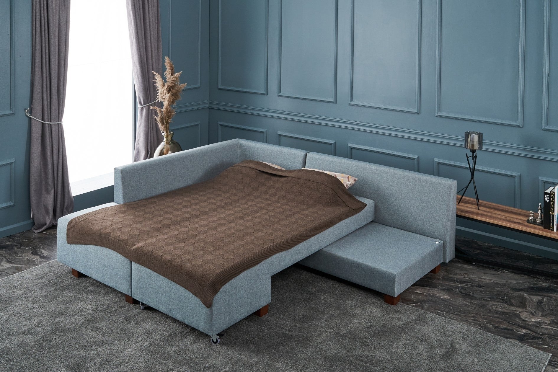 Sofá-cama de canto moderno, azul claro, 280 cm | 100% poliéster, espuma 32 DNS, fácil de limpar | Design escandinavo elegante, perfeito para salas de estar