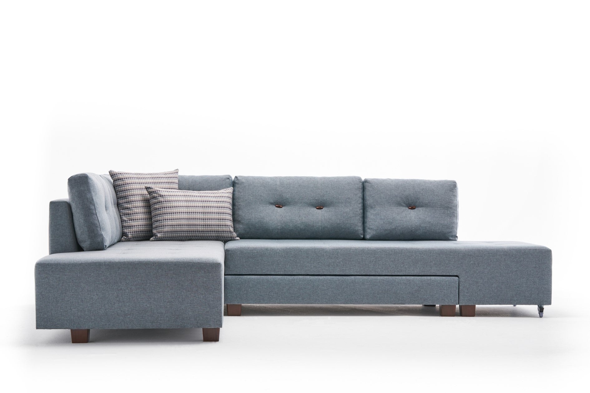 Sofá-cama de canto moderno, azul claro, 280 cm | 100% poliéster, espuma 32 DNS, fácil de limpar | Design escandinavo elegante, perfeito para salas de estar