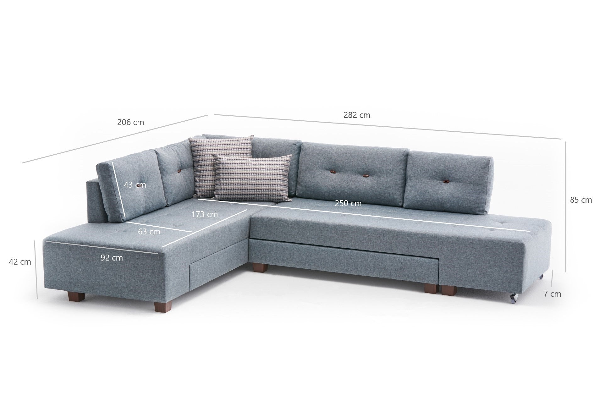 Sofá-cama de canto moderno, azul claro, 280 cm | 100% poliéster, espuma 32 DNS, fácil de limpar | Design escandinavo elegante, perfeito para salas de estar