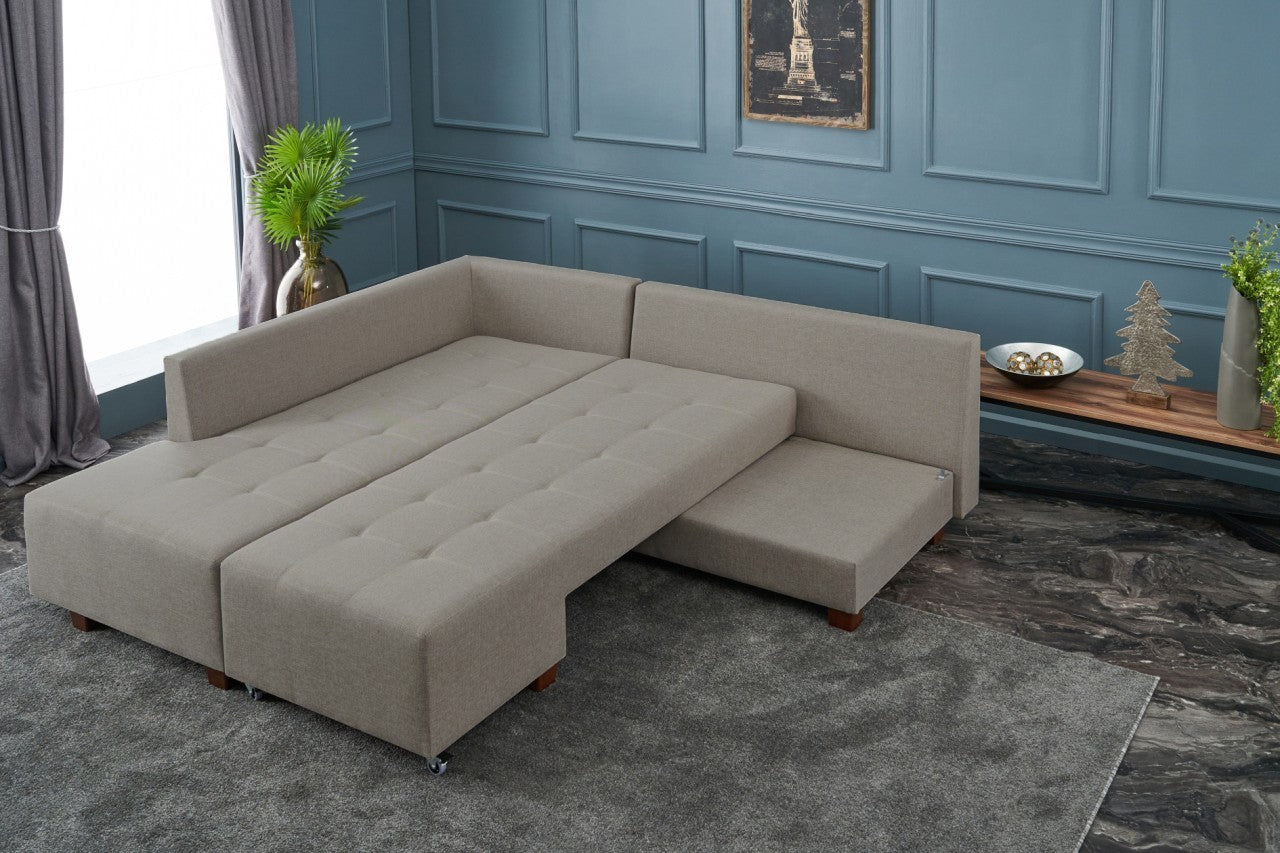 Sofá-cama de canto moderno, creme, 280 cm | 100% poliéster, espuma 32 DNS, fácil de limpar | Design escandinavo elegante, perfeito para salas de estar e espaços de hóspedes