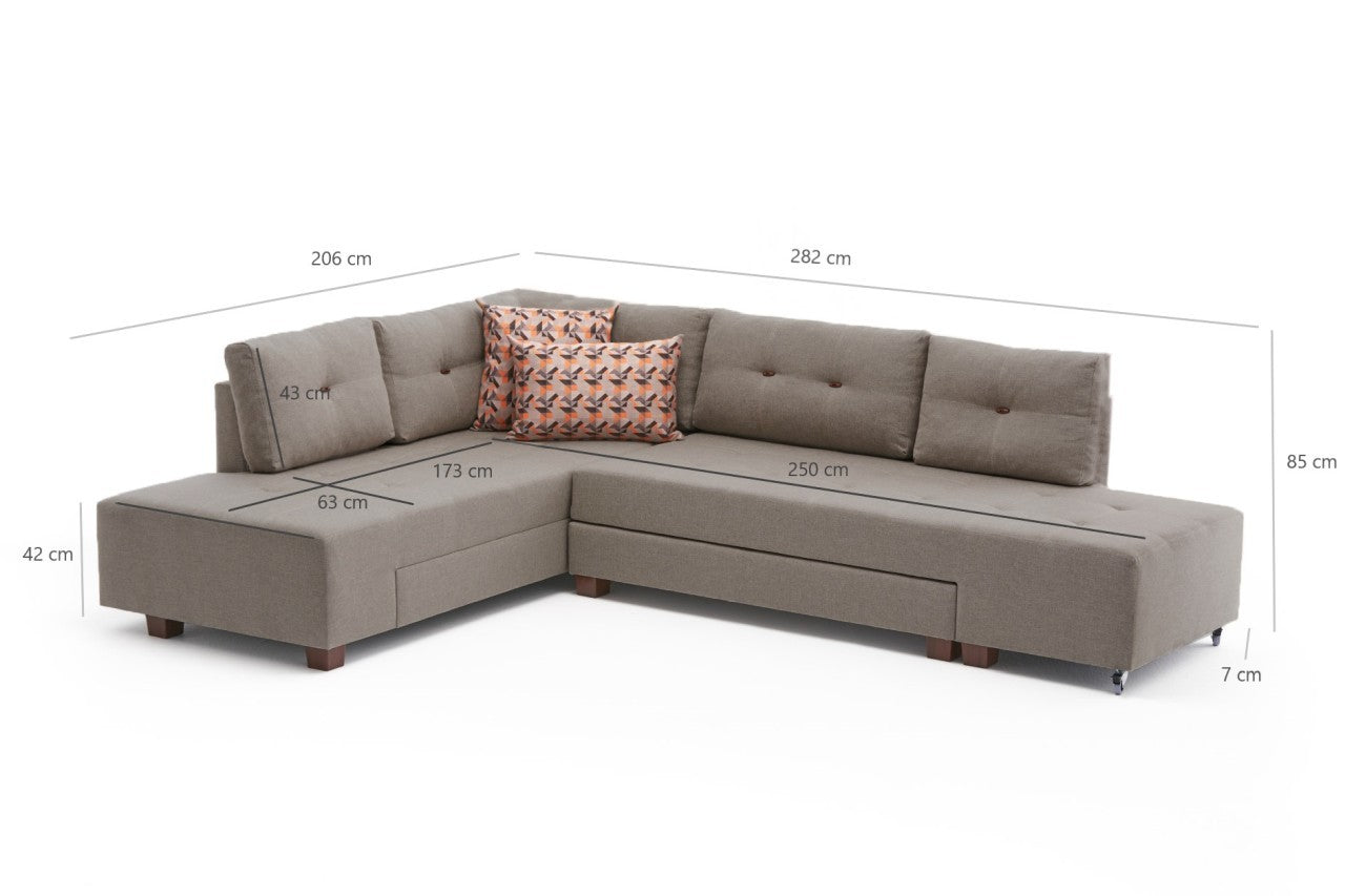 Sofá-cama de canto moderno, creme, 280 cm | 100% poliéster, espuma 32 DNS, fácil de limpar | Design escandinavo elegante, perfeito para salas de estar e espaços de hóspedes