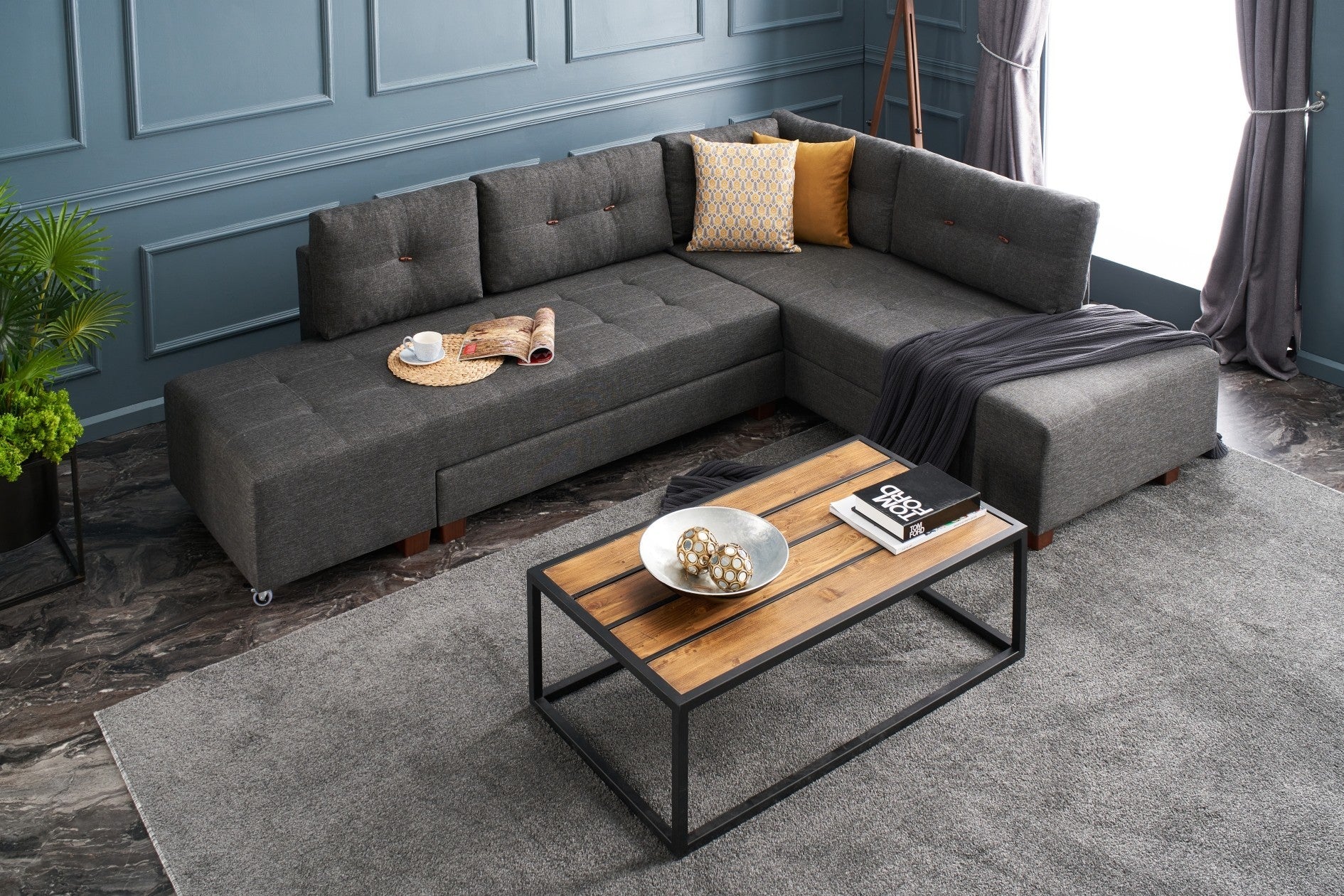 Sofá-cama de canto moderno, antracite, 280 cm | 100% poliéster, espuma 32 DNS, fácil de limpar | Design escandinavo elegante, perfeito para salas de estar