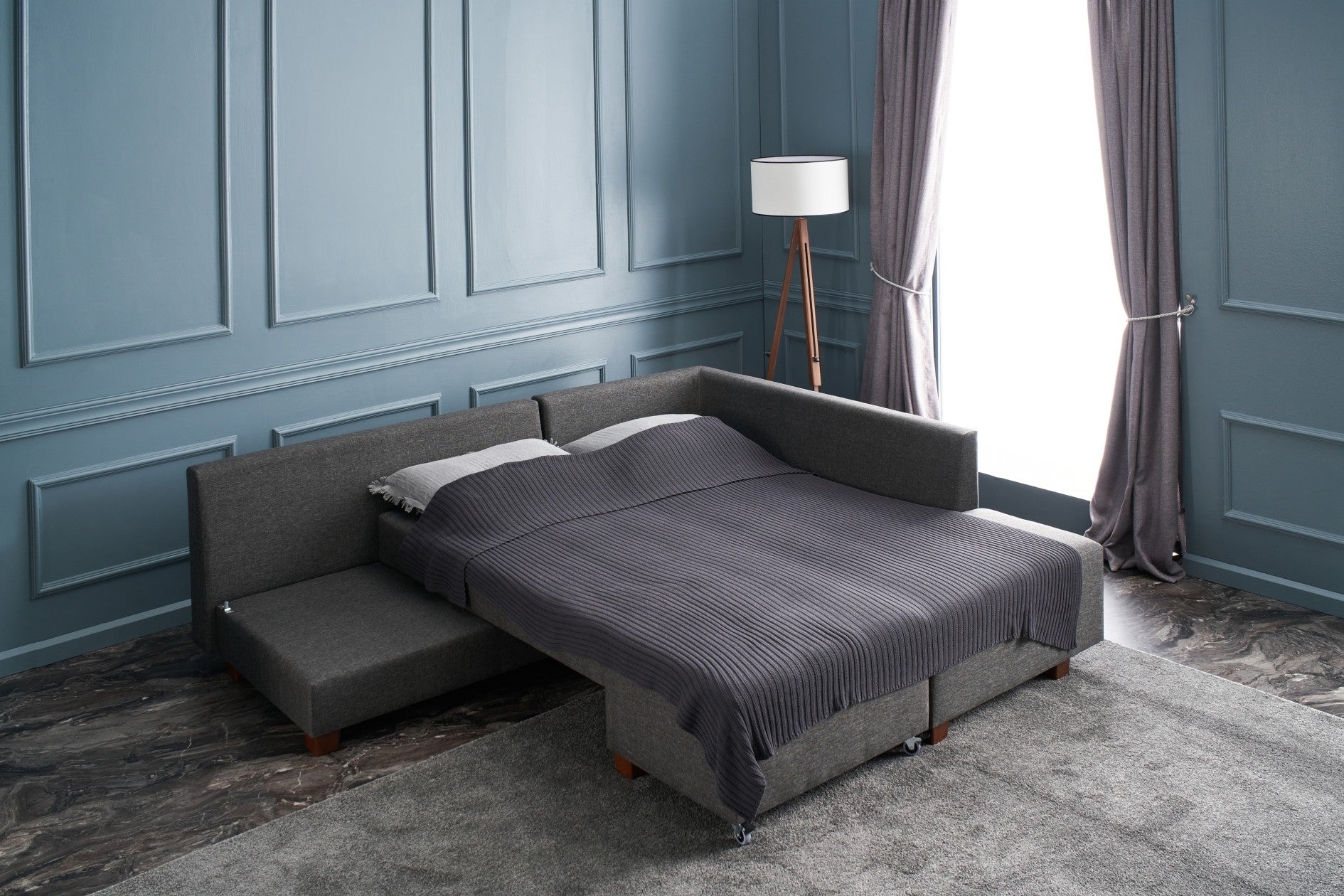 Sofá-cama de canto moderno, antracite, 280 cm | 100% poliéster, espuma 32 DNS, fácil de limpar | Design escandinavo elegante, perfeito para salas de estar