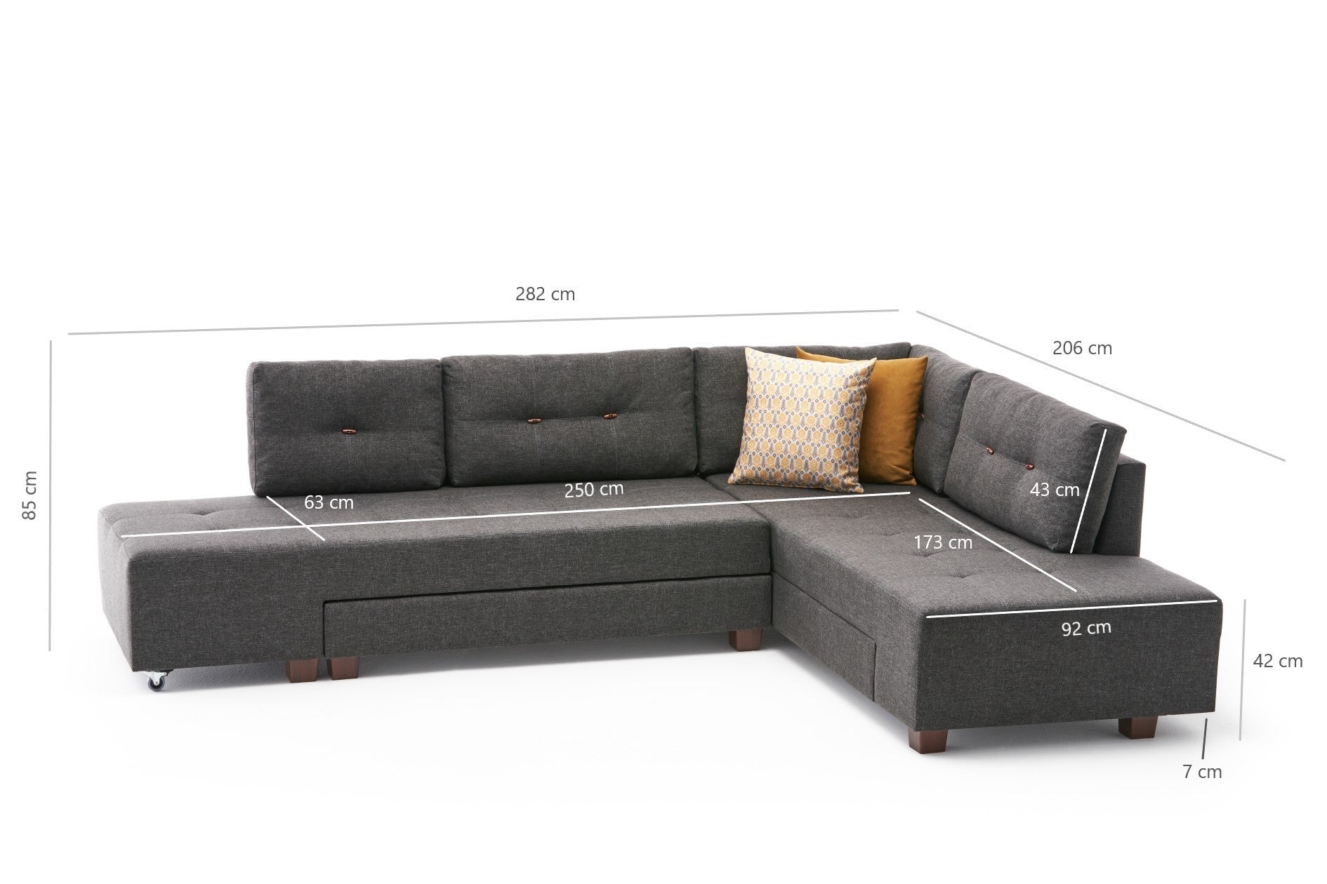 Sofá-cama de canto moderno, antracite, 280 cm | 100% poliéster, espuma 32 DNS, fácil de limpar | Design escandinavo elegante, perfeito para salas de estar