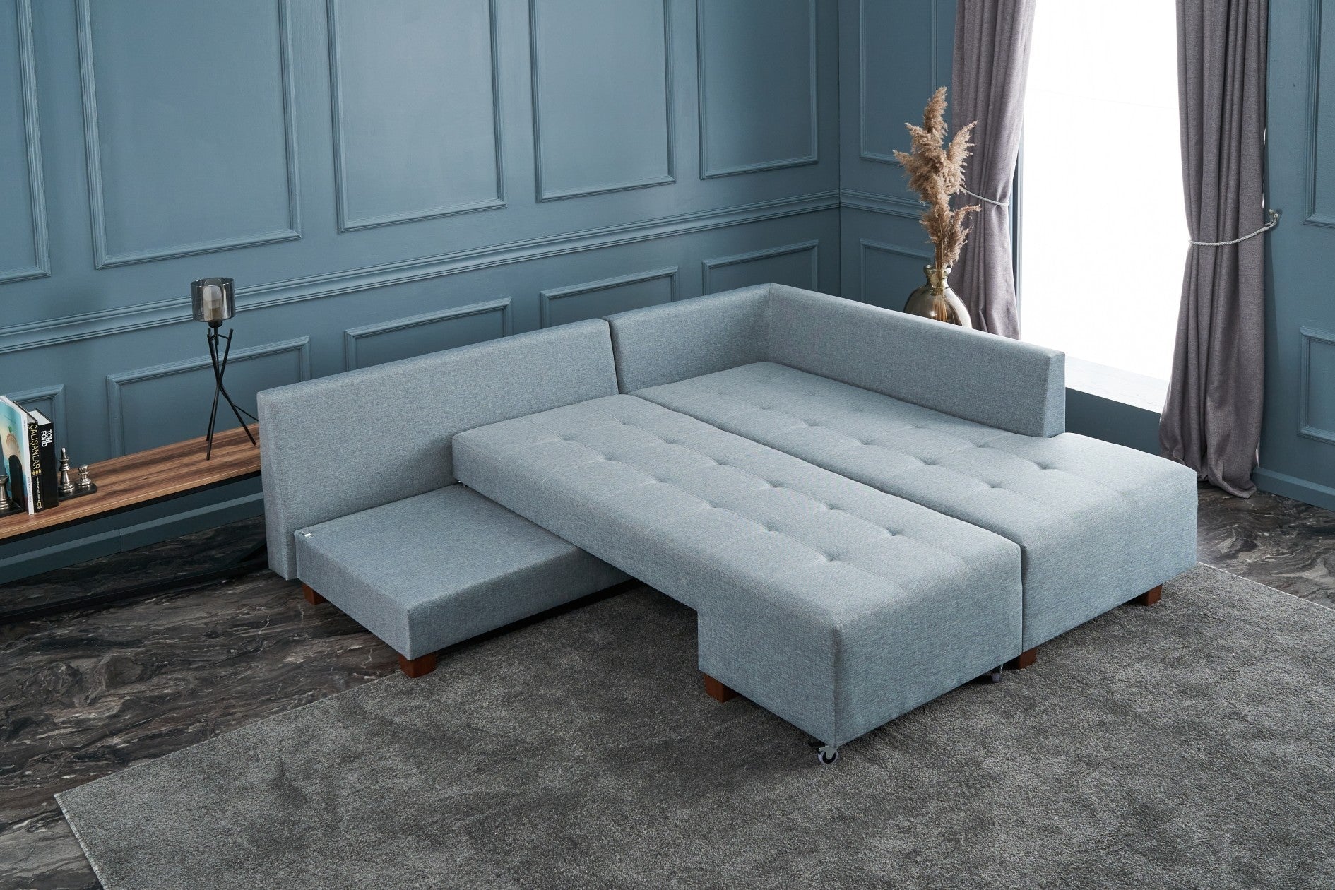 Sofá-cama de canto moderno, azul claro, 280 cm | 100% poliéster, espuma 32 DNS, fácil de limpar | Design escandinavo elegante, perfeito para salas de estar