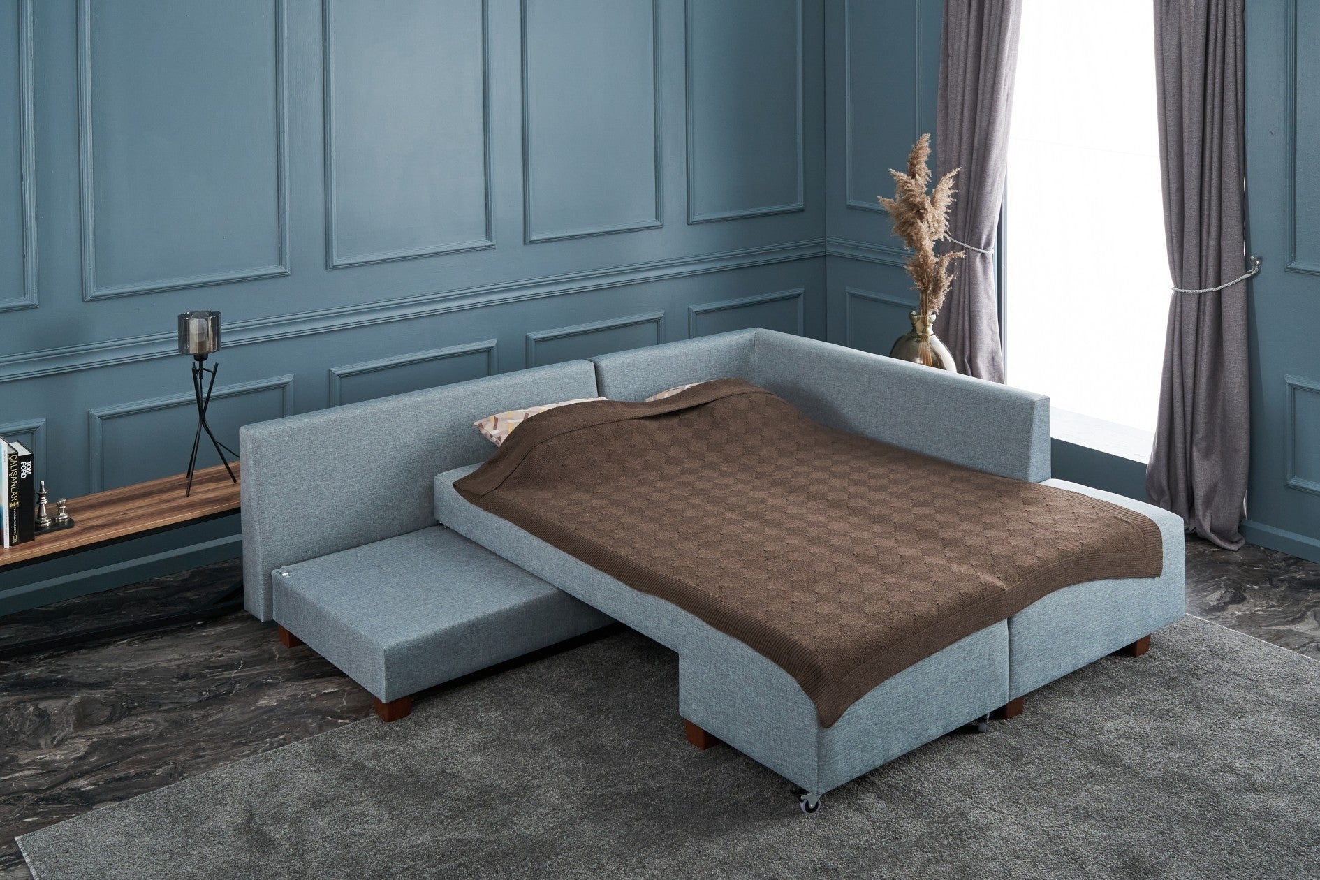 Sofá-cama de canto moderno, azul claro, 280 cm | 100% poliéster, espuma 32 DNS, fácil de limpar | Design escandinavo elegante, perfeito para salas de estar