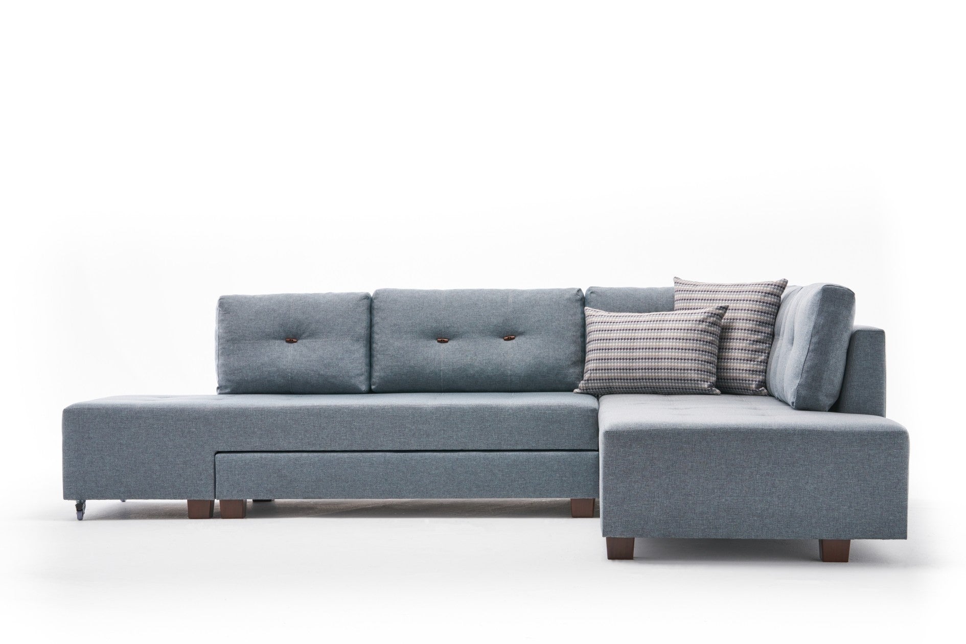 Sofá-cama de canto moderno, azul claro, 280 cm | 100% poliéster, espuma 32 DNS, fácil de limpar | Design escandinavo elegante, perfeito para salas de estar