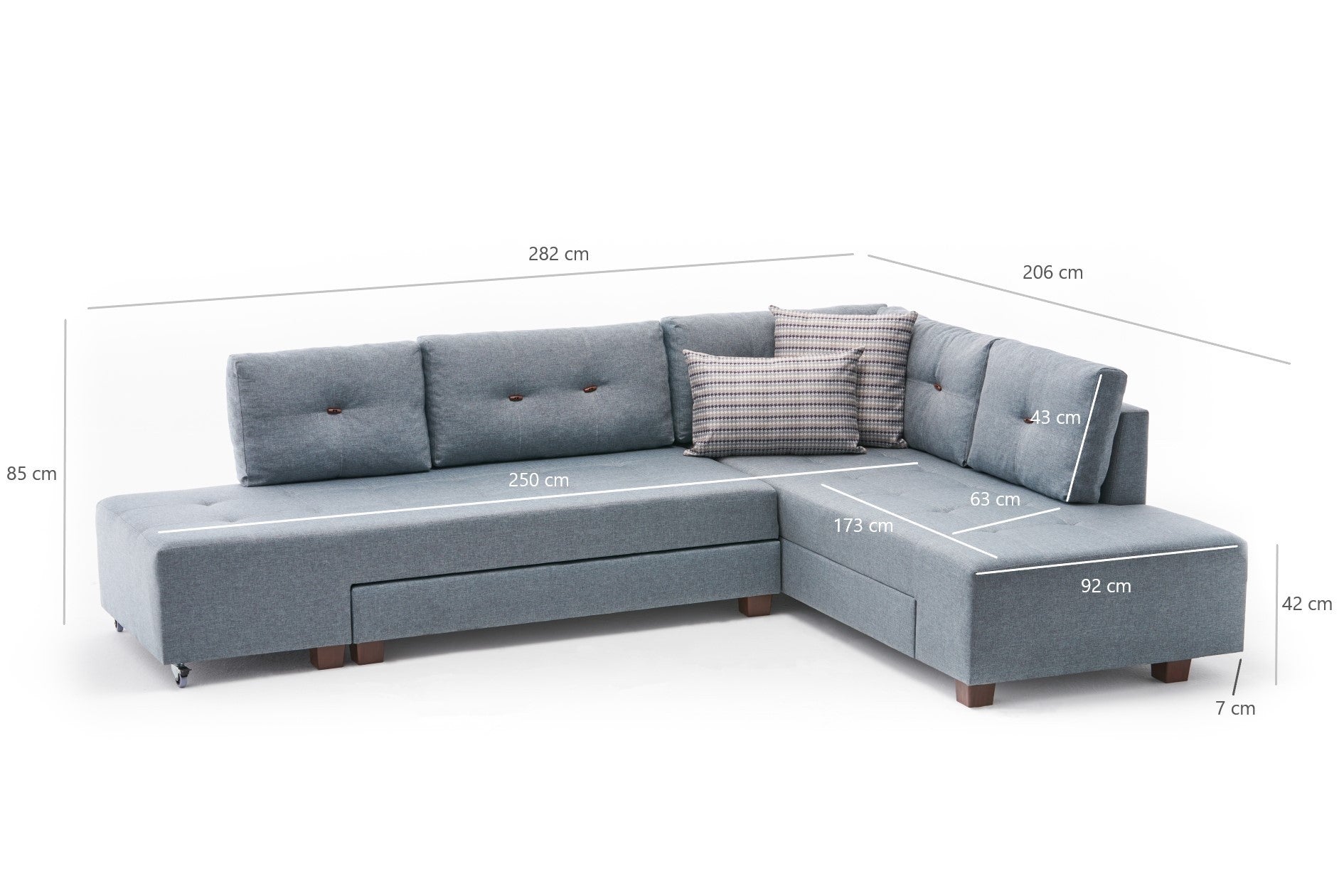 Sofá-cama de canto moderno, azul claro, 280 cm | 100% poliéster, espuma 32 DNS, fácil de limpar | Design escandinavo elegante, perfeito para salas de estar